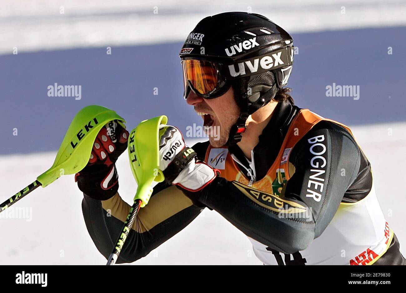 Germany's Felix Neureuther reacts after crossing the finish line and taking the second place in the Val Badia Men's Slalom Ski World Cup in Val Badia December 17, 2007. France's Jean-Baptiste Grange won ahead Germany's Felix Neureuther and Ted Ligety of the U.S. was third. REUTERS/Alessandro Bianchi (ITALY) Stock Photo