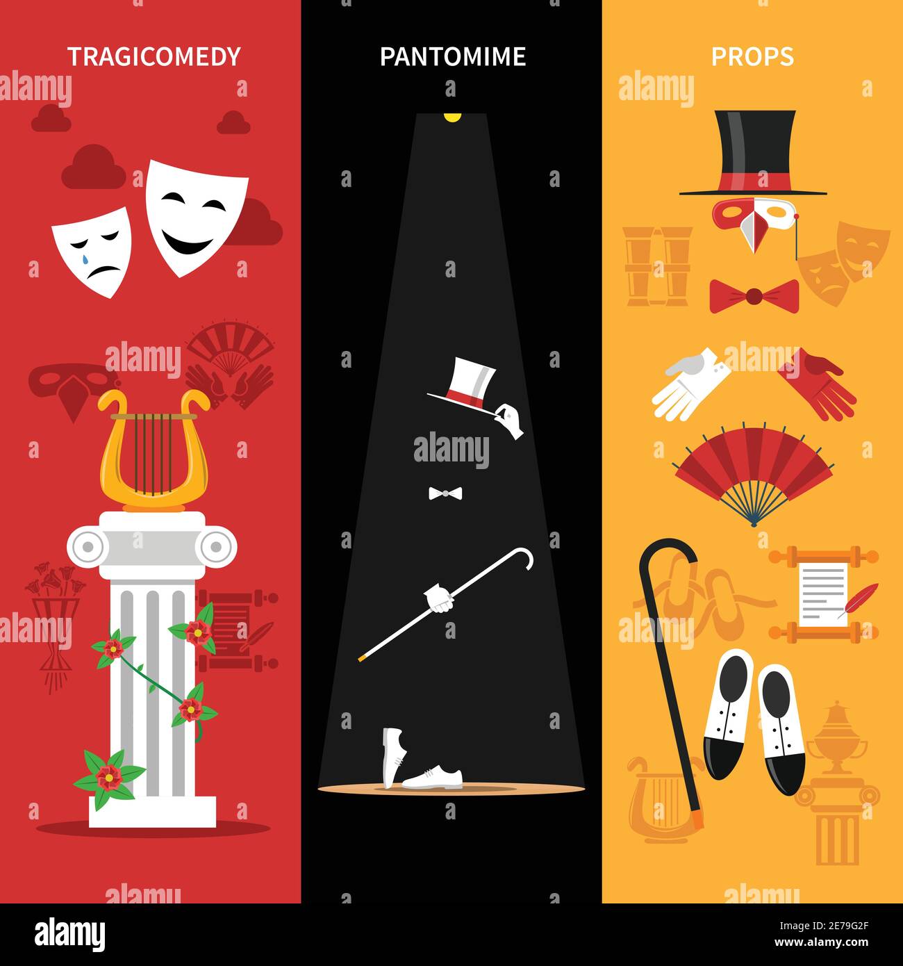 Theatre performance vertical banners set with tragicomedy pantomime and ...