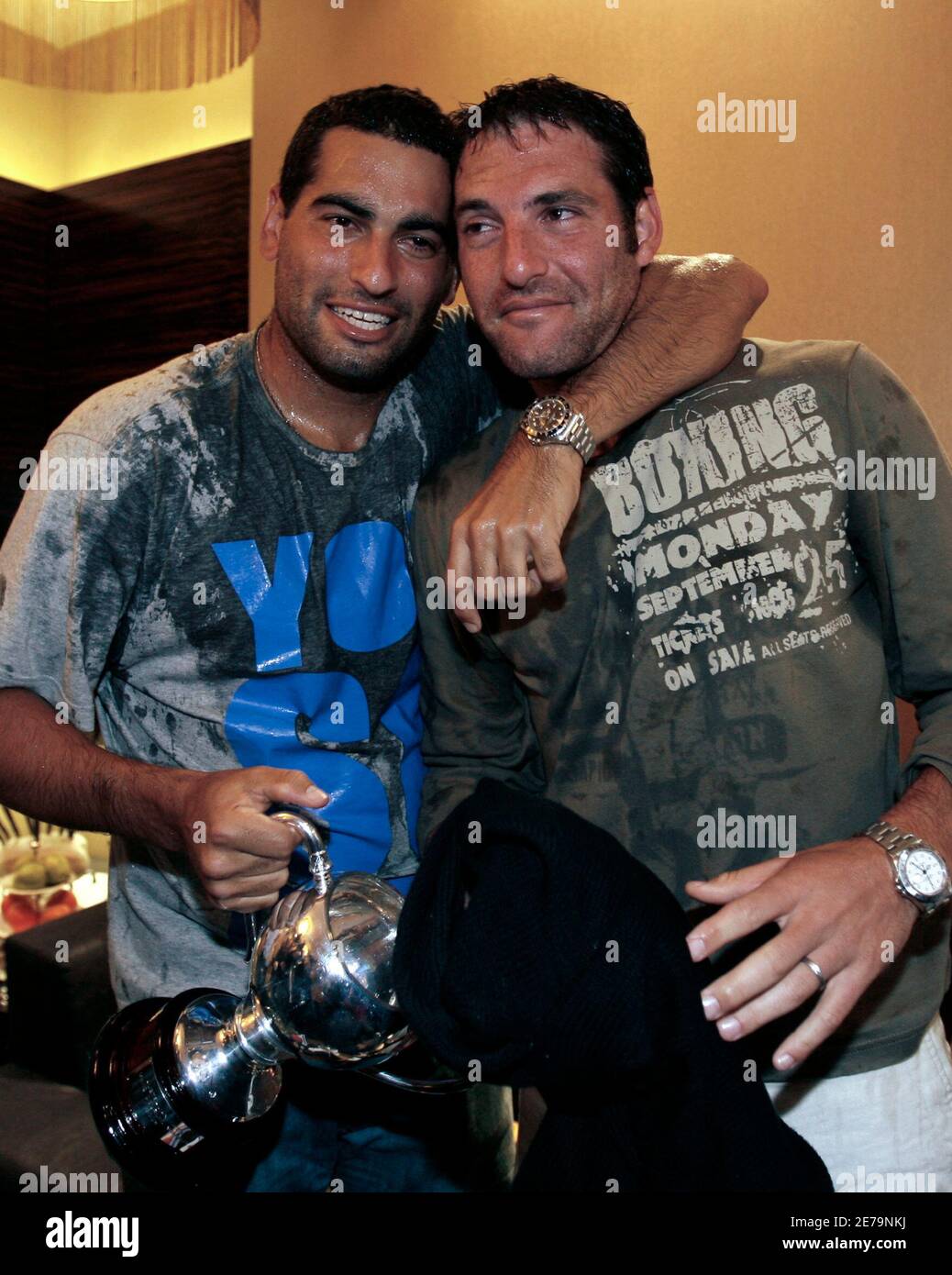 Israel S Andy Ram And Jonathan Erlich R Stand Together During A News Conference Upon Their Arrival At Ben Gurion International Airport Near Tel Aviv January 28 08 Erlich And Ram Put Israel
