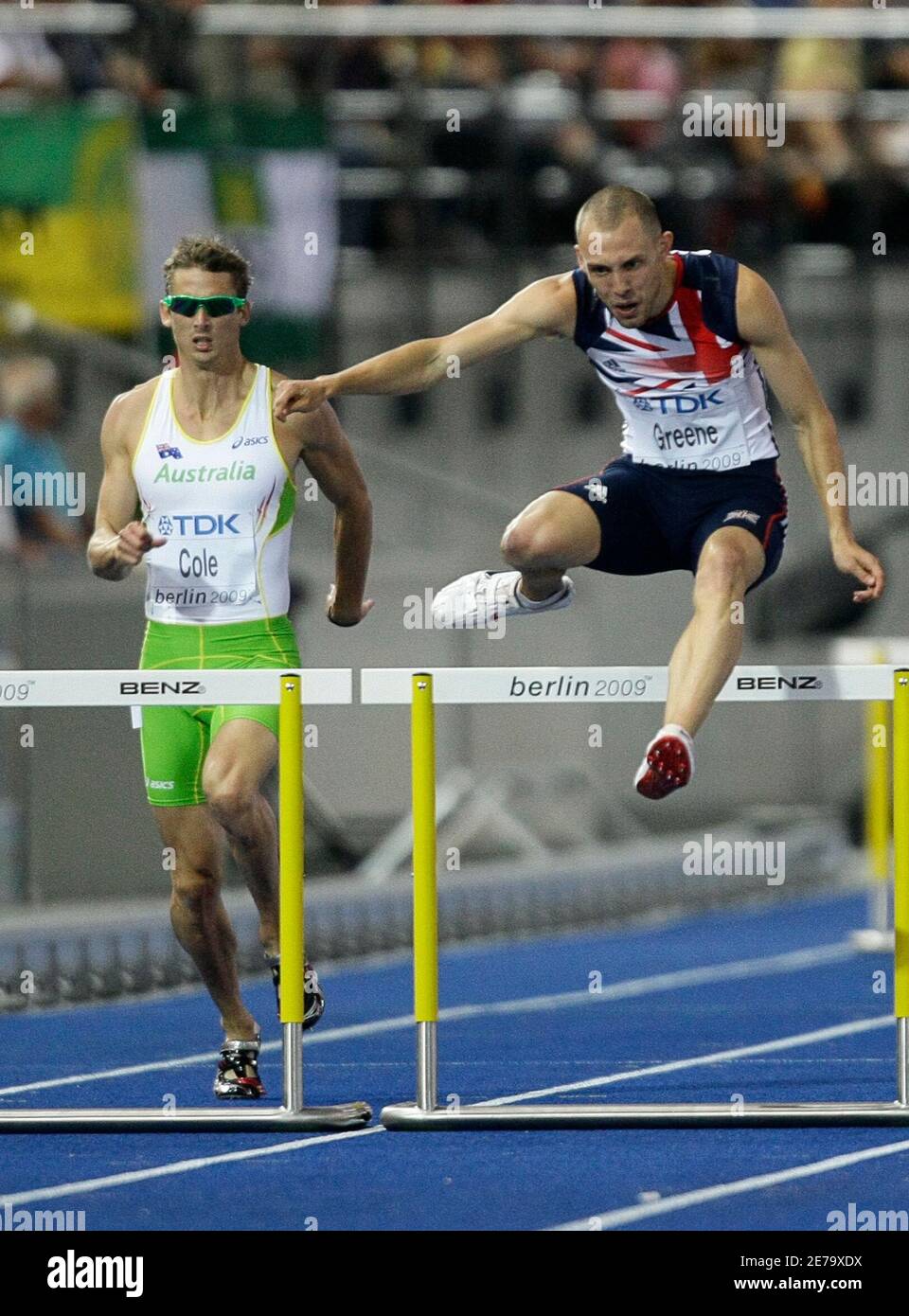 Britain's David Greene (R) and Brendan Cole of Australia compete in the men's fourth heats 400 metres hurdles event during the world athletics championships at the Olympic stadium in Berlin, August 15, 2009.     REUTERS/Michael Dalder (GERMANY) Stock Photo