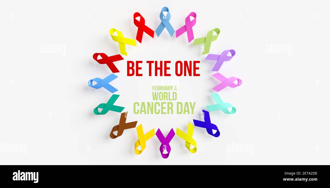 World Cancer Day - 4th February concept. 3D rendered colorful ribbons and in red letters the banner BE THE ONE WORLD CANCER DAY 4 FEB on white Stock Photo