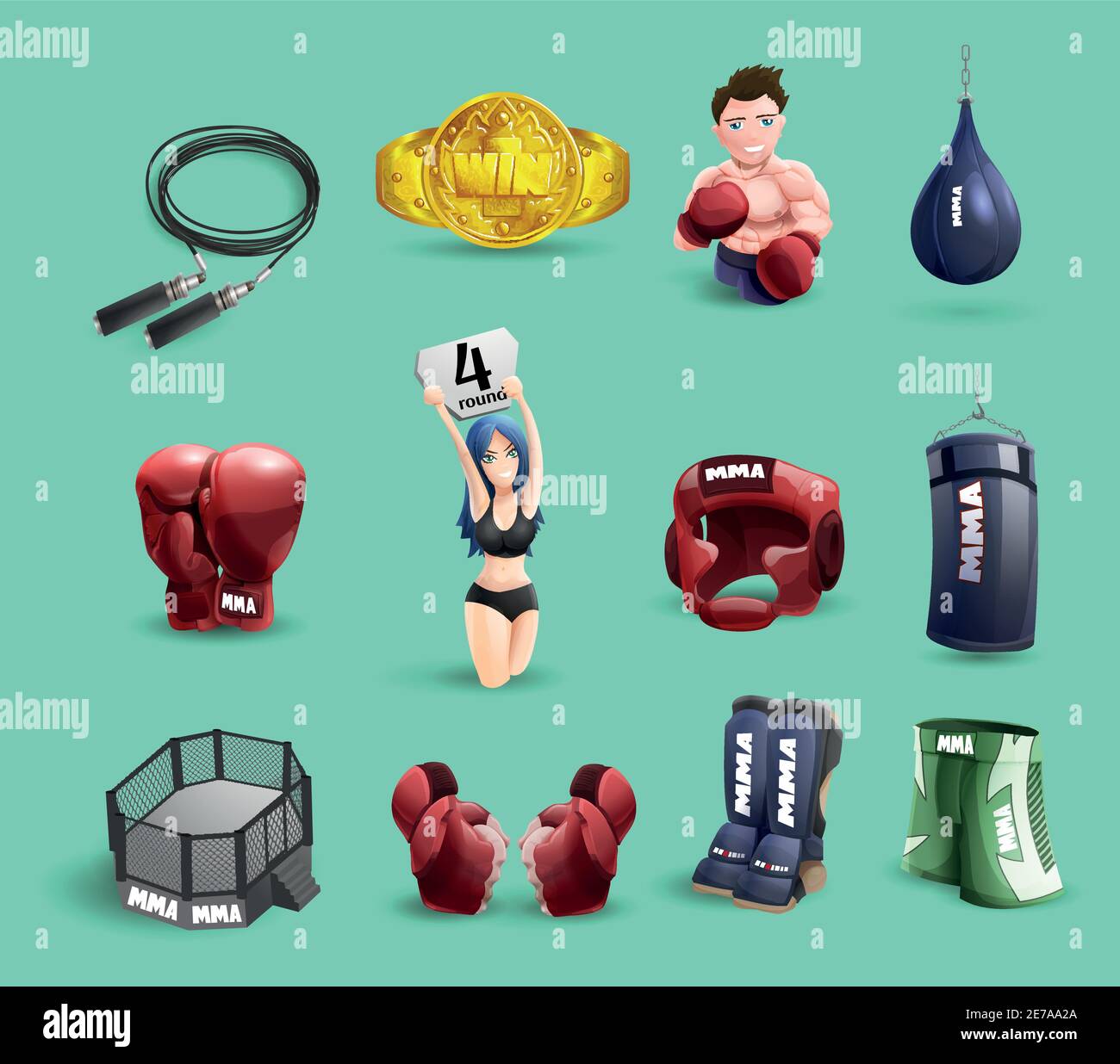 Mixed martial arts mma fighter ring cage equipment and accessories 3d pictograms set abstract isolated vector illustration Stock Vector