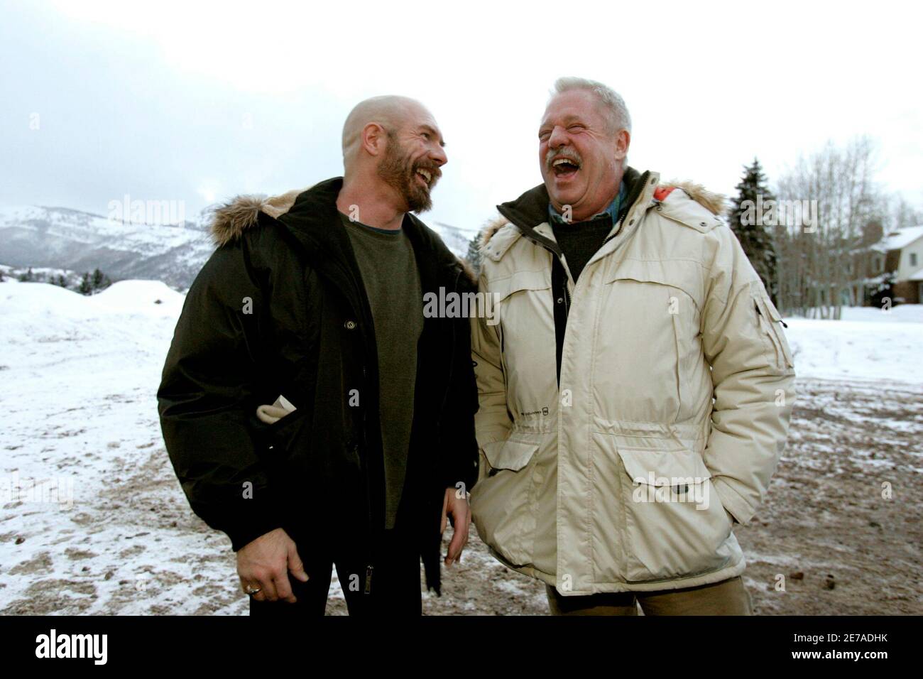 Screenwriters Terry Anderson L And Armistead Maupin R Share A Laugh At The Premiere Of Their Film The Night Listener At The Sundance Film Festival In Park City Utah January 21 2006