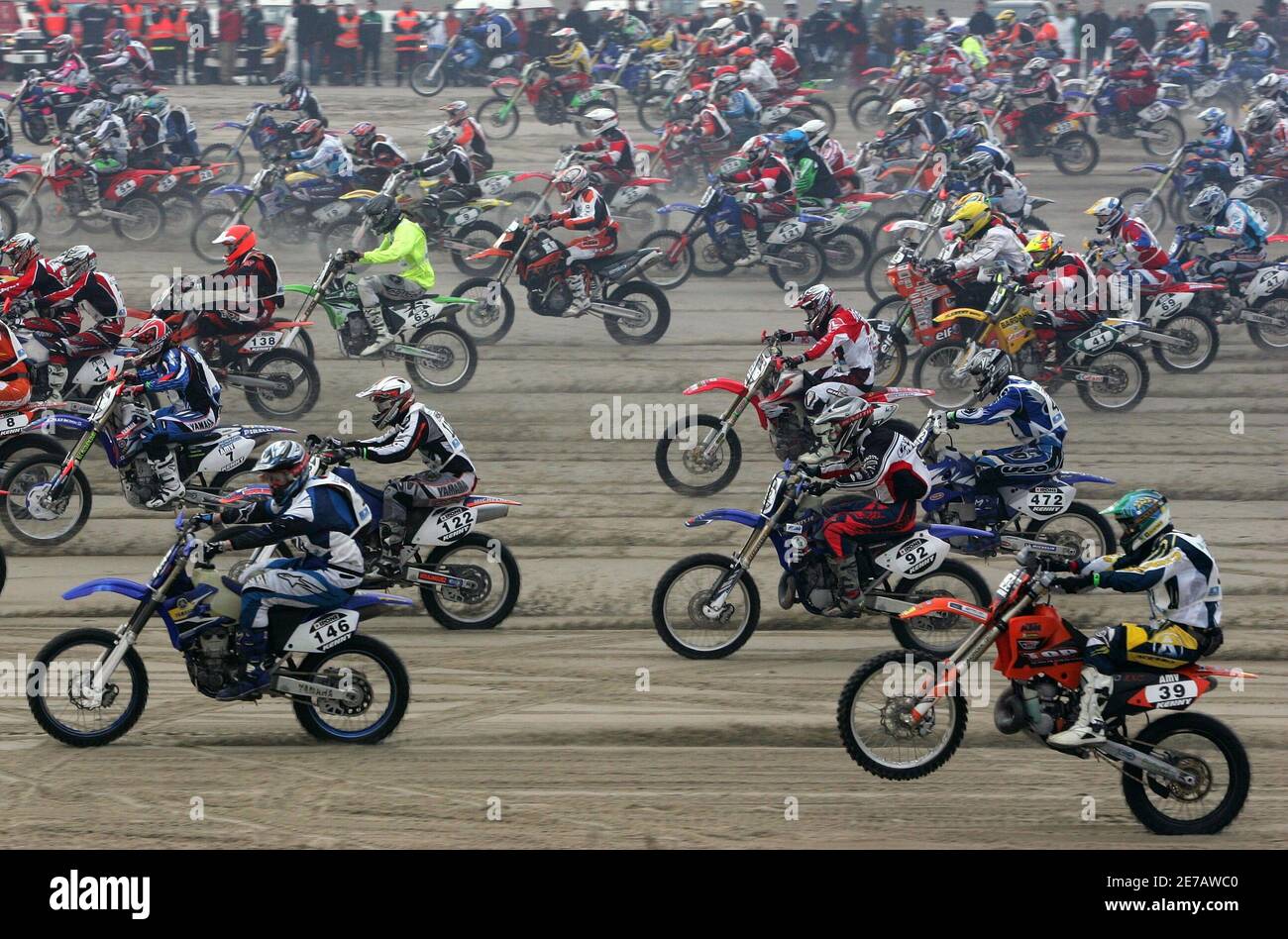 Bikers ride through a sandy beach as they take part in the first "Enduropale",  formally known as the "Enduro du Touquet" motorcycle endurance race, on the  beach of Le Touquet, northern France