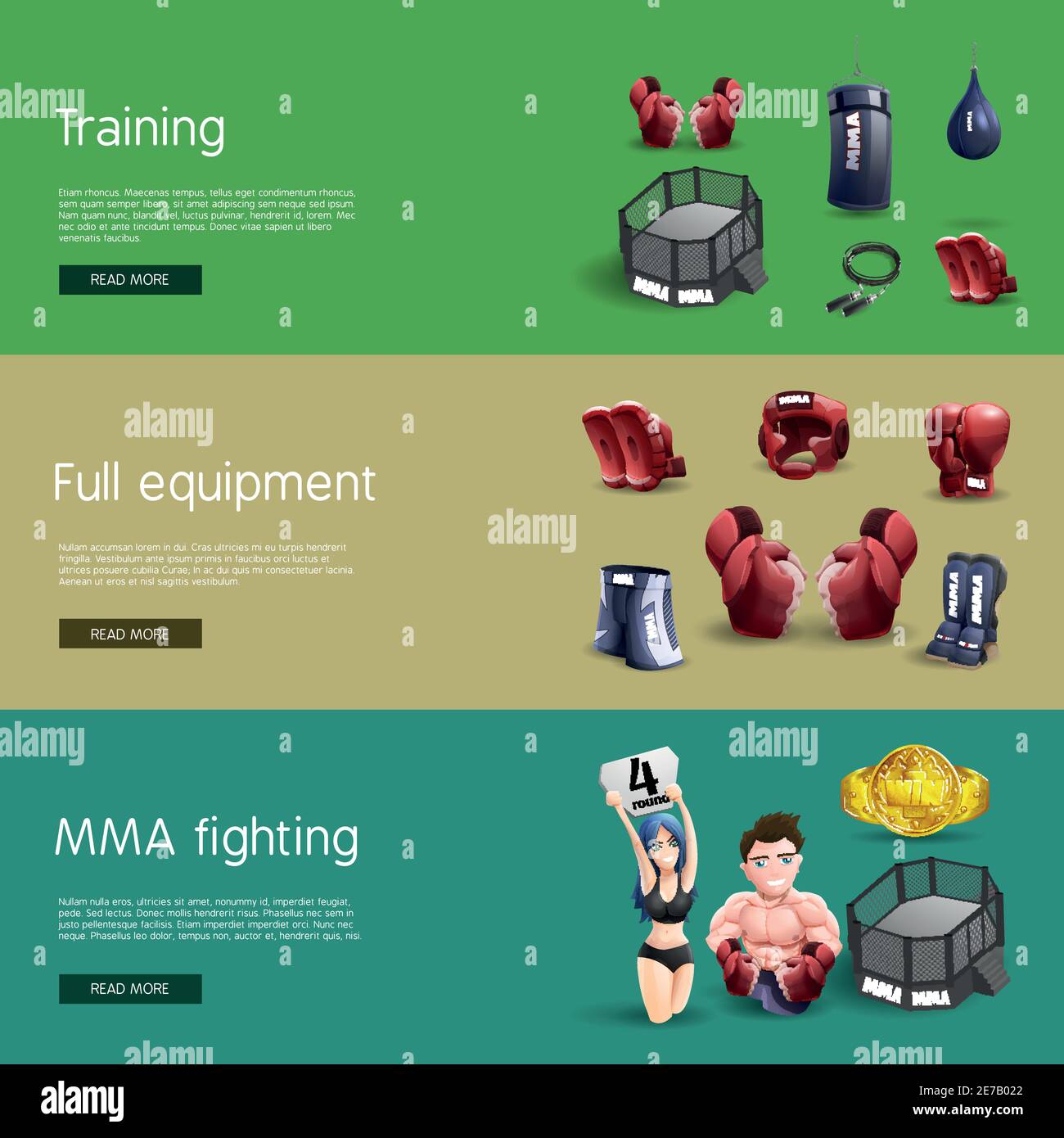 Mma fighting training full equipment and accessories interactive website 3d horizontal banners set abstract isolated vector illustration Stock Vector