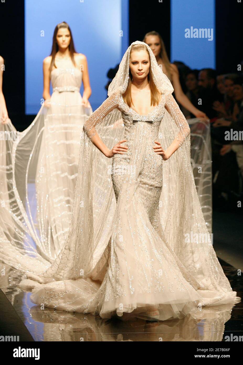 Models Present A Wedding Dress Creation By Lebanese Designer Elie Saab As Part Of His Spring Summer 2007 Haute Couture Fashion Collection In Paris January 22 2007 Reuters Charles Platiau France Stock Photo Alamy