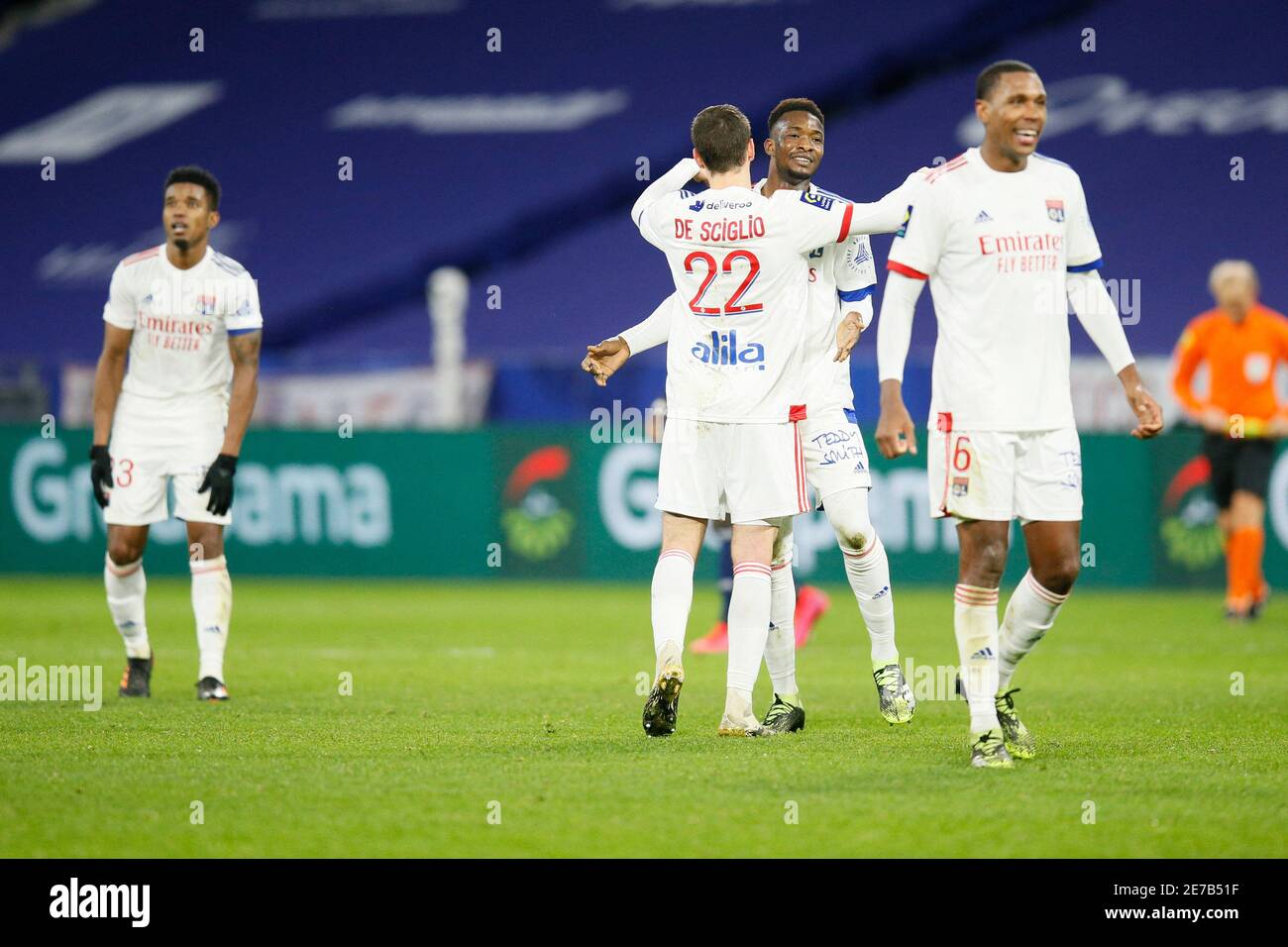 Olympique Lyonnais players celebrate victory after the match during Ligue 1  Olympique Lyon vs FC Girondins de Bordeaux football match at Groupama  Stadium in Lyon, France, January 29, 2021. Photo by Emmanuel