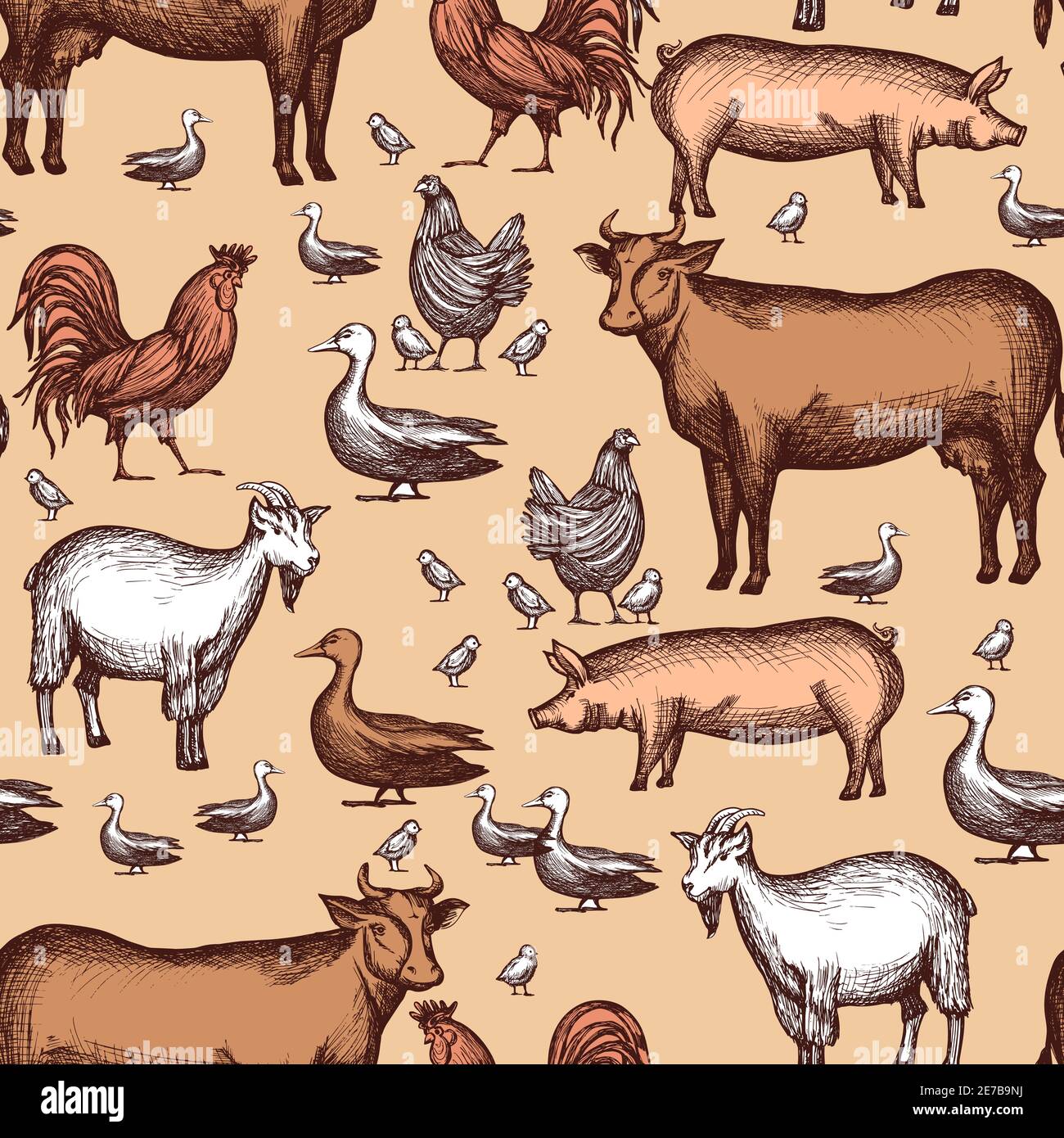 Farm seamless pattern with domestic animals hand drawn vector ...
