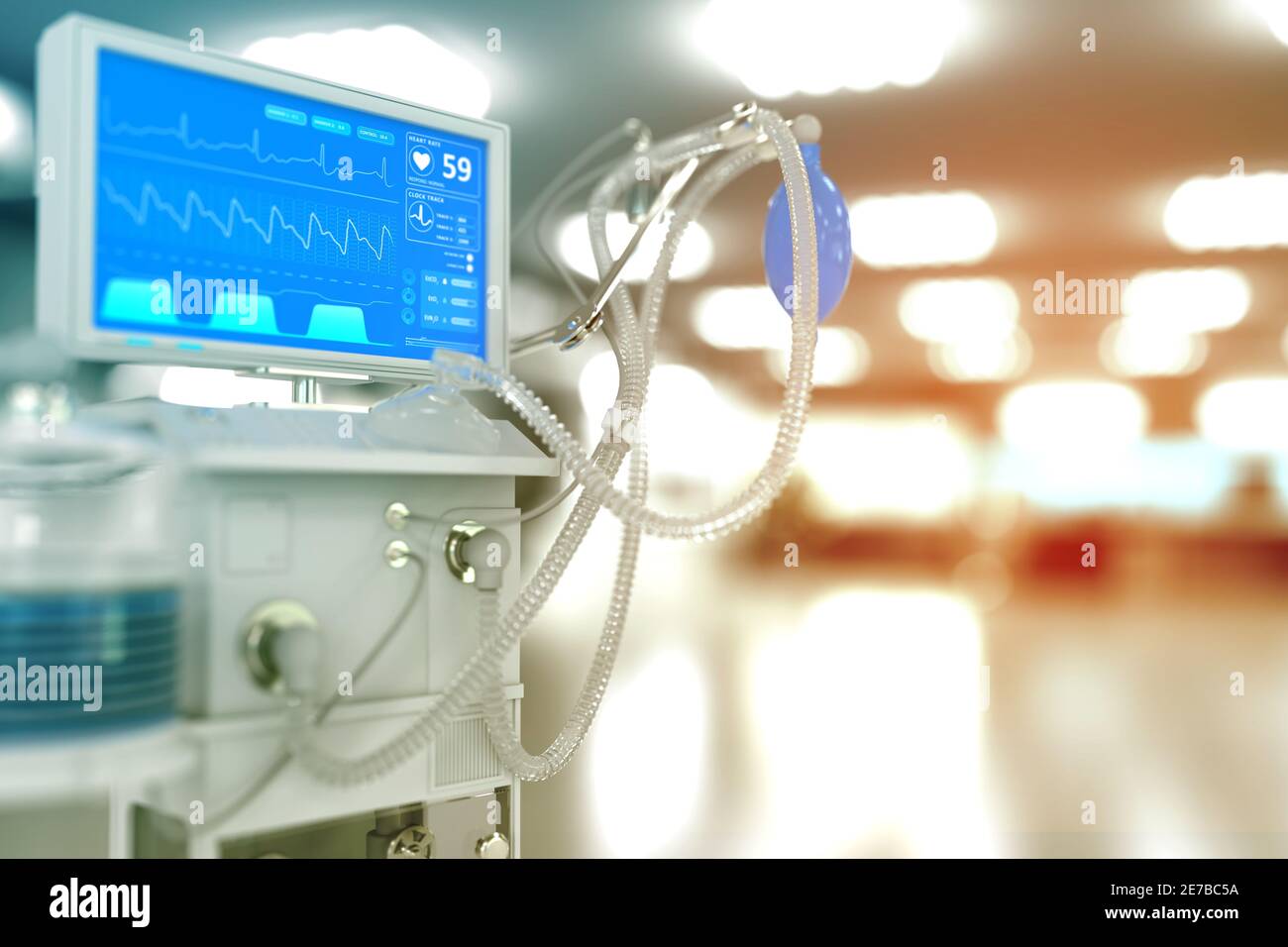 Medical 3D illustration, ICU artificial lung ventilator with fictive design in modern clinic with soft focus - fight coronavirus concept Stock Photo