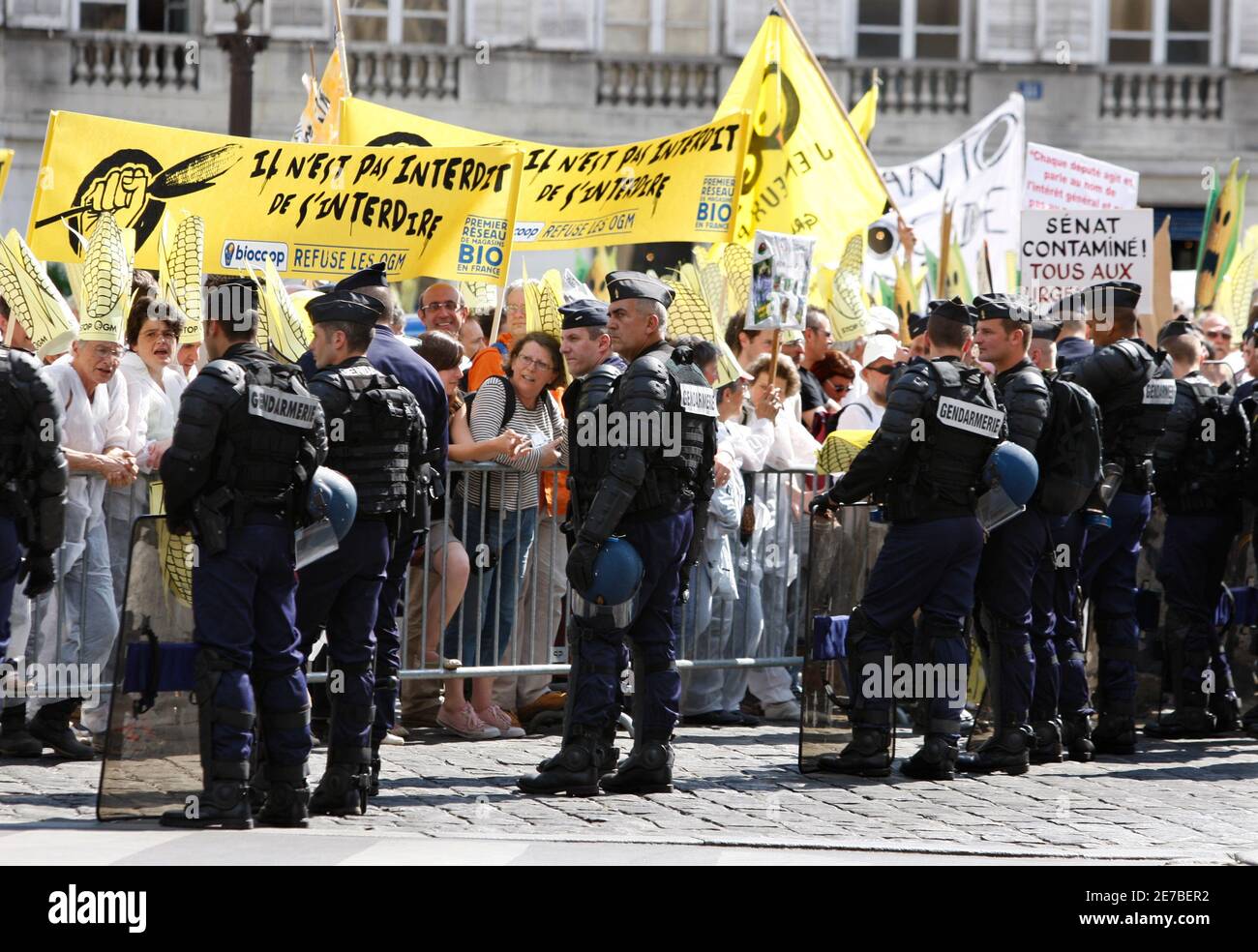 French anti-GMO activists face French gendarme during a demonstration in front the National Assembly in Paris May 13, 2008 ahead of the expected approval of a much disputed law which they say blurs the line between natural and genetically modified (GM) foods. REUTERS/Charles Platiau (FRANCE) Stock Photo
