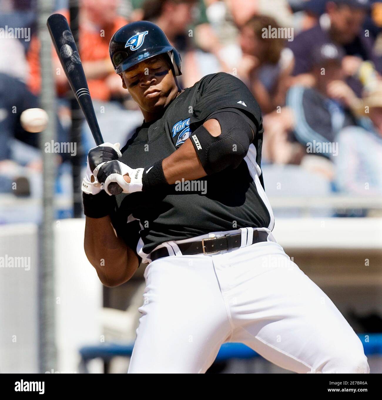 Toronto Blue Jay's Frank Thomas leans away from a high pitch thrown by New  York Yankees reliever Chris Britton during the fifth inning of their MLB  spring training baseball game in Dunedin,