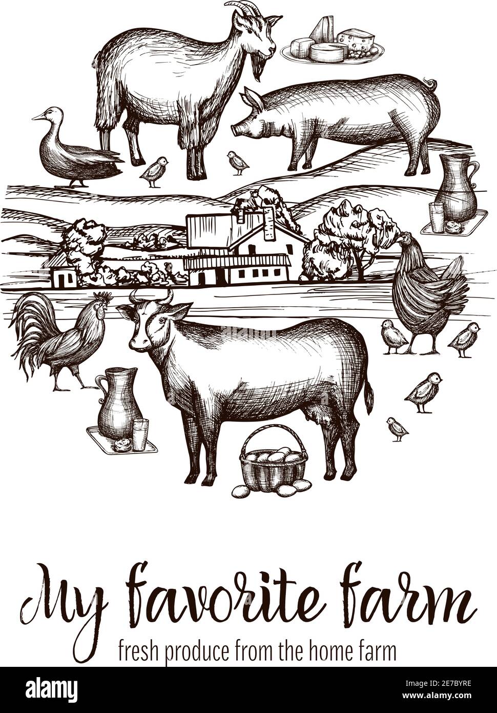 Farmers market poster with hand drawn livestock animals food and village on  background vector illustration Stock Vector Image & Art - Alamy