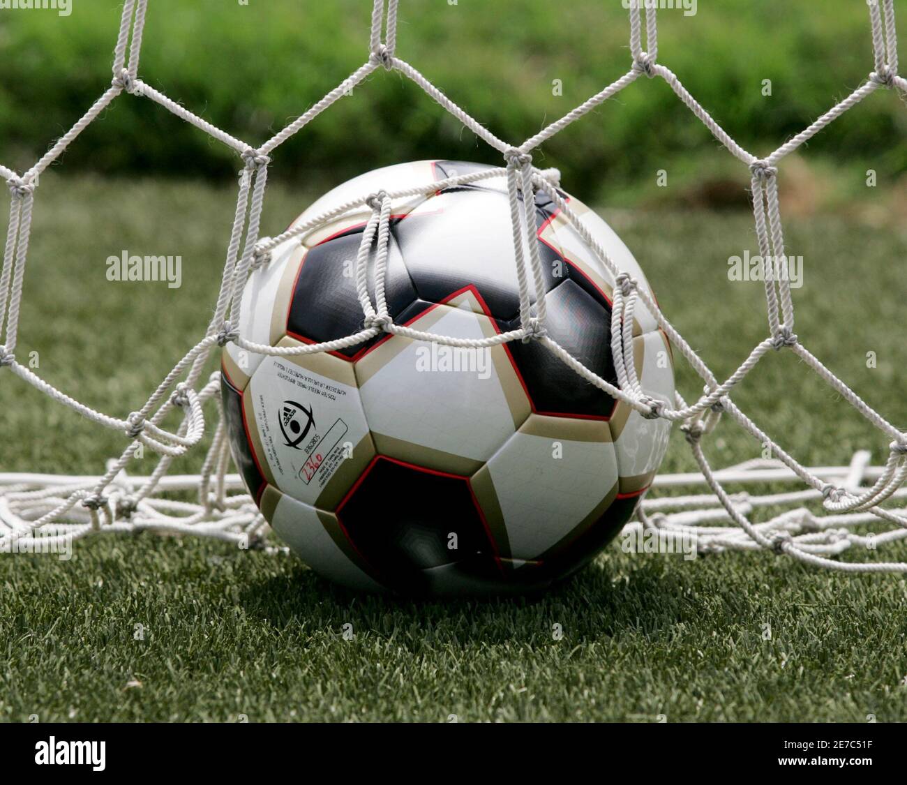 An Adidas Pelias 2 ball with a micro-chip is seen in a soccer field during  a test made by German Cairos Technologies at the National Stadium in Lima,  September 13, 2005. FIFA