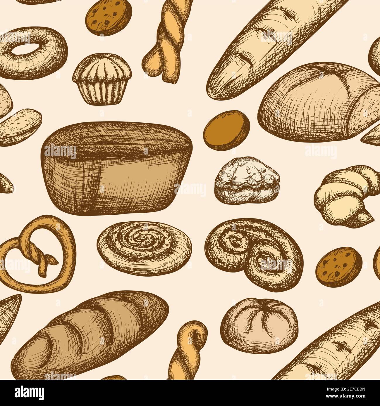 Bakery seamless pattern with hand drawn pastry baguette cookies vector ...