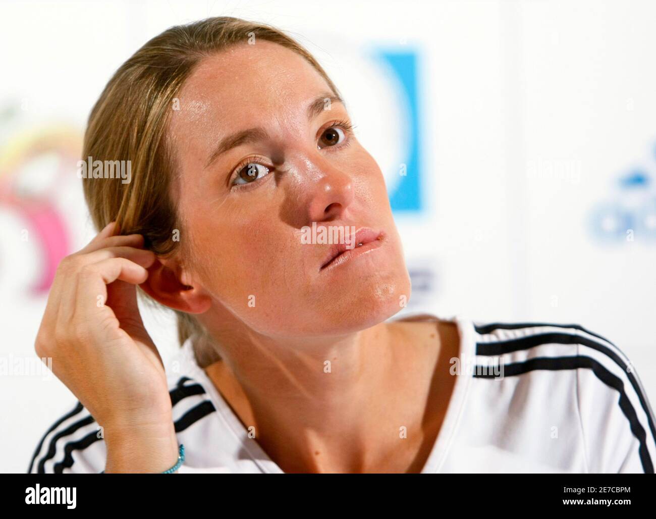 World number one Justine Henin holds a news conference in Limelette, May  14, 2008. Henin announced her retirement from professional tennis.  REUTERS/Francois Lenoir (BELGIUM Stock Photo - Alamy