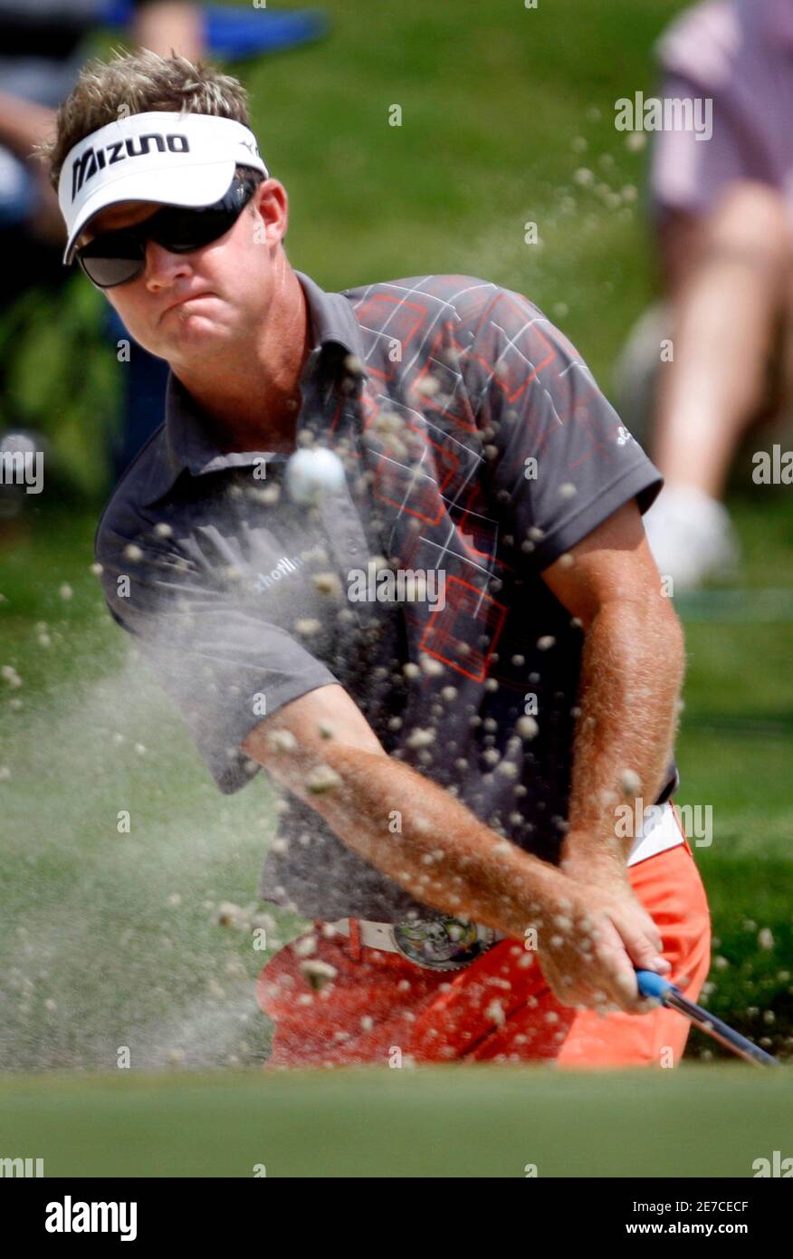Brian Gay of the U.S. hits out of a greenside bunker on the ninth green during the third round of the St. Jude Classic golf tournament at TPC Southwind in Memphis, Tennessee June 13, 2009.   REUTERS/Nikki Boertman    (UNITED STATES SPORT GOLF) Stock Photo