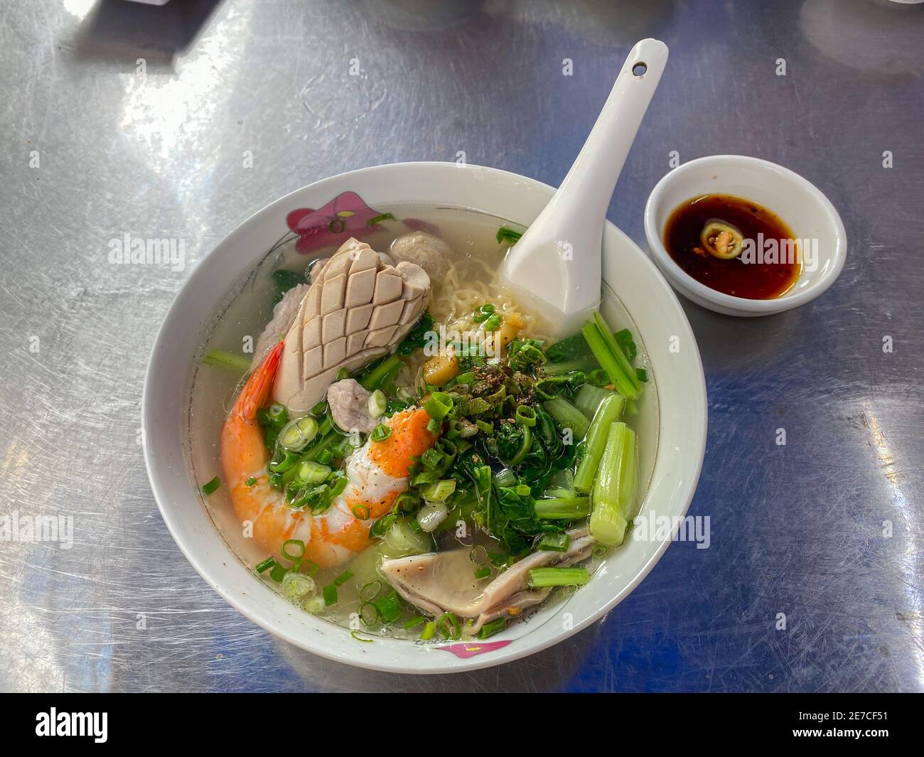 Vietnamese delicious shrimp rice noodle and bowl of soup Stock Photo