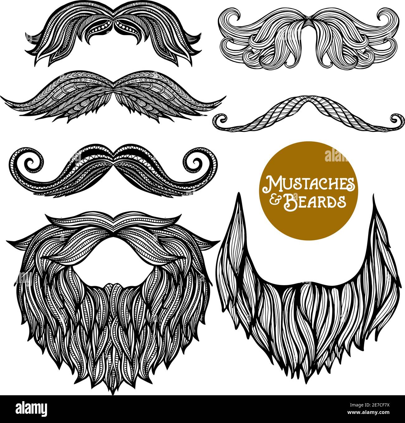 Hand drawn black decorative beard and mustache set on white background ...
