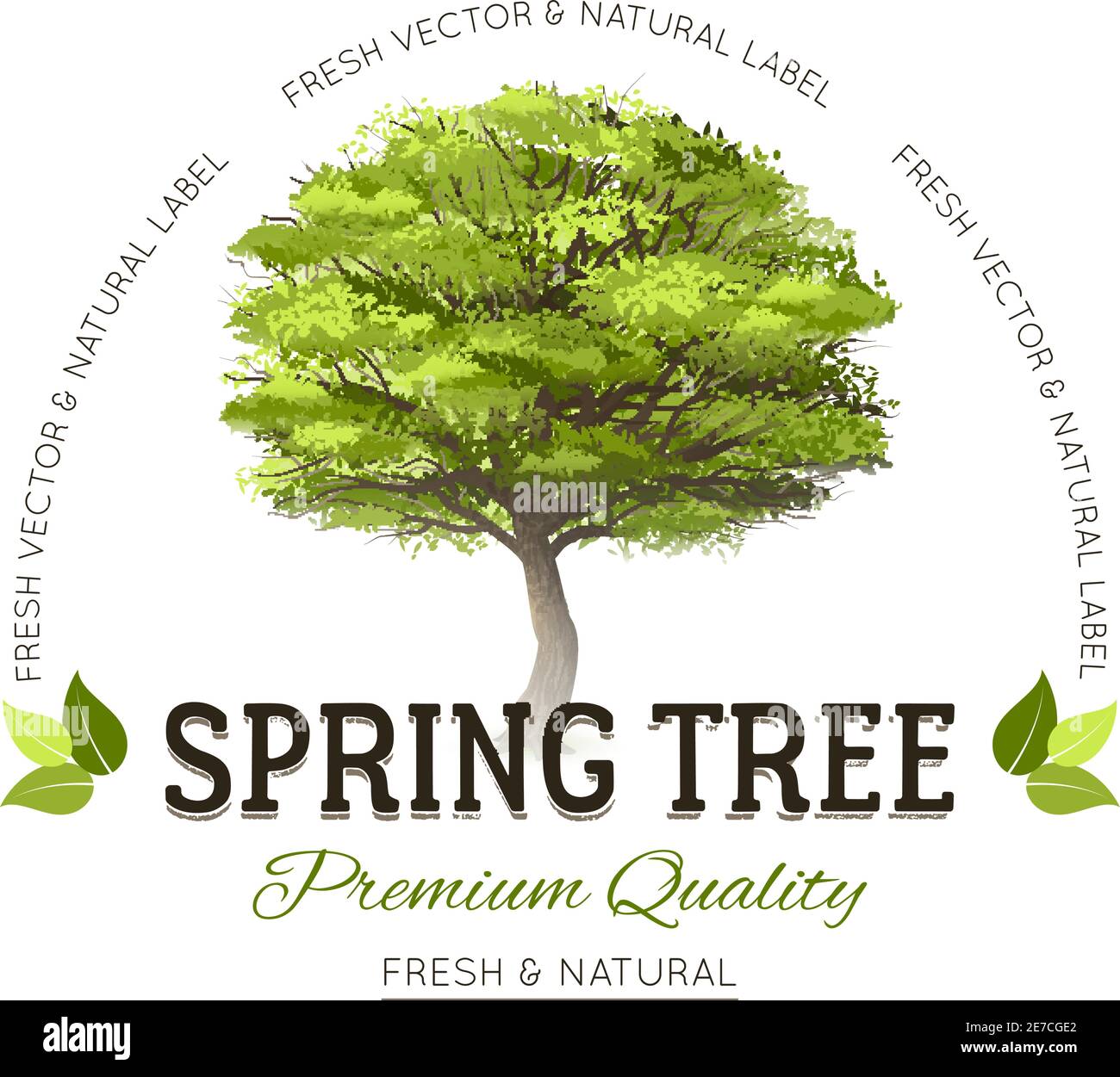 Typography logo emblem with realistic green spring tree and premium quality text vector illustration Stock Vector