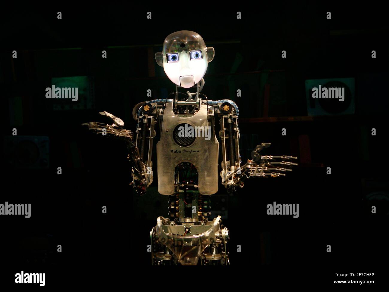 Thespian, a humanoid robot, communicates with the audience through a user's interface at the Robotic World exhibition at Madatech, the Israel National Museum of Science, in the northern city of Haifa July 8, 2010. REUTERS/Baz Ratner (ISRAEL - Tags: SOCIETY SCI TECH) Stock Photo