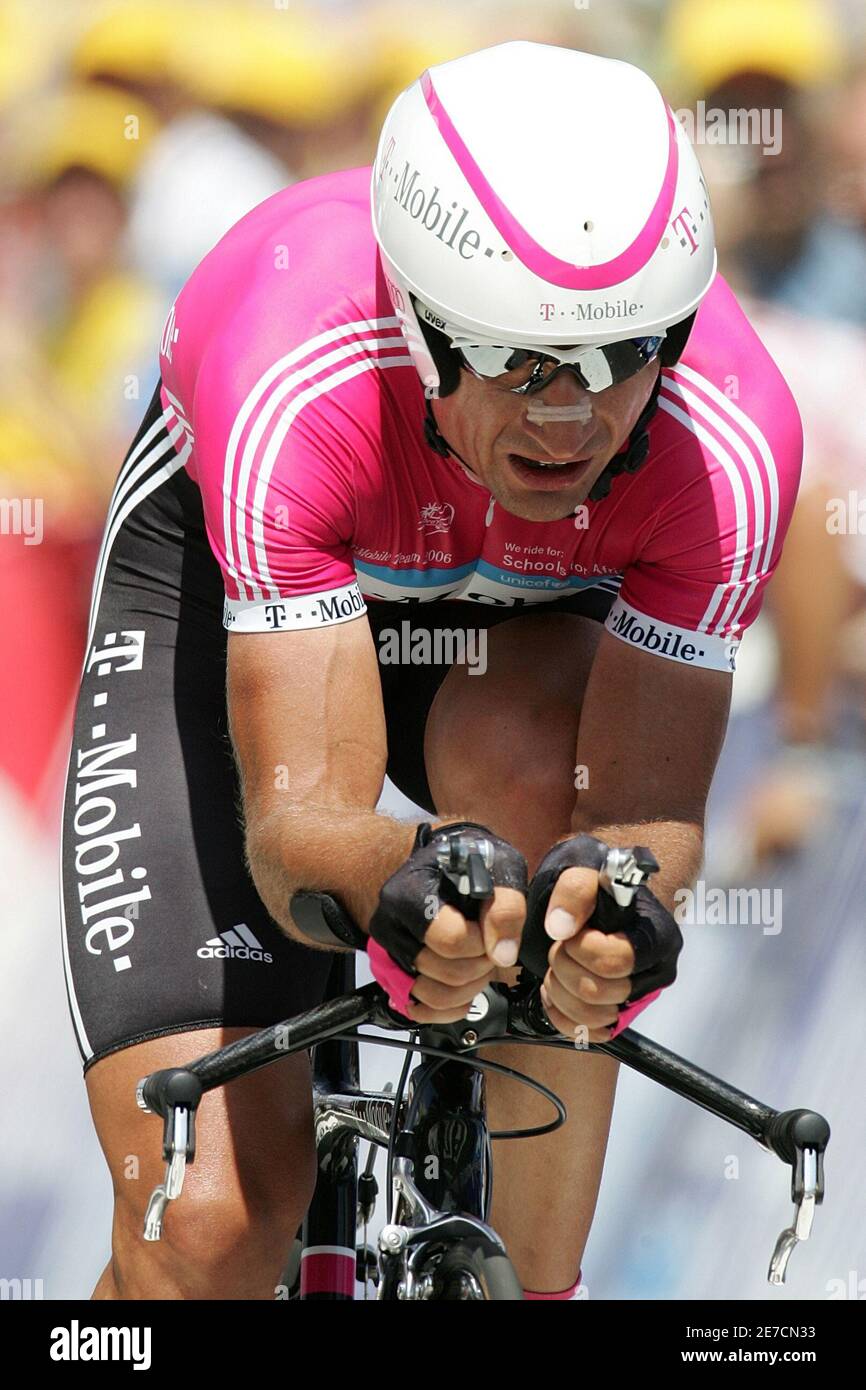 T-Mobile's team rider Serhiy Honchar of Ukraine cycles past the finish line  during the 19th time trial stage of the 93rd Tour de France cycling race  between Le Creusot and Montceau-Les-Mines, July