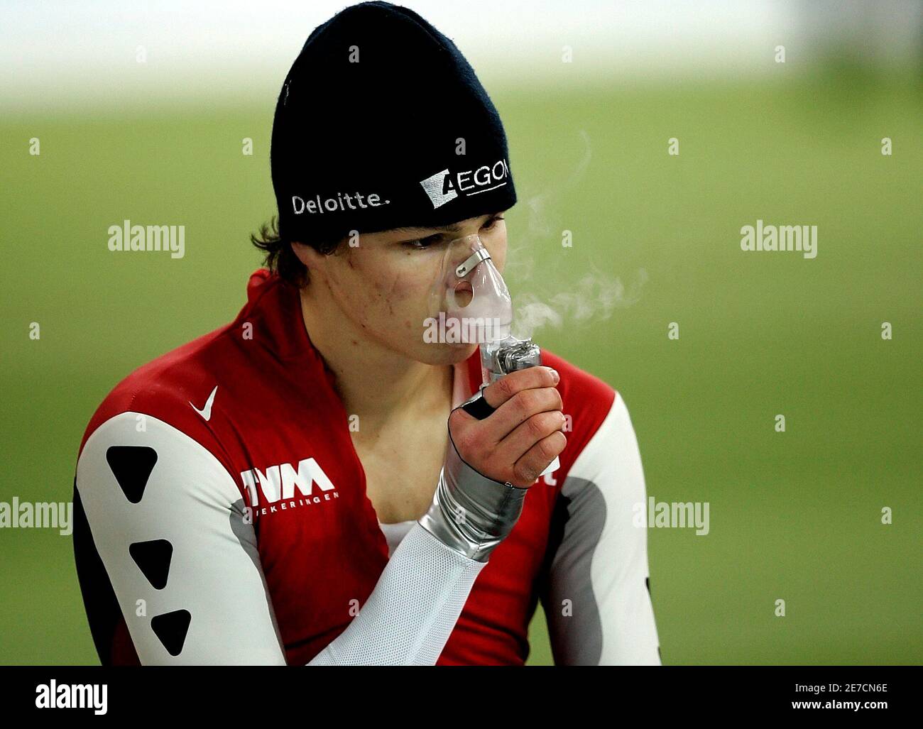 Netherland's Sven Kramer breaths from a respirator after his men's  1500-metre European Speed Skating Championships race at the Vikingship  Olympic arena in Hamar, Norway January 15, 2006. Kramer finished eight in a