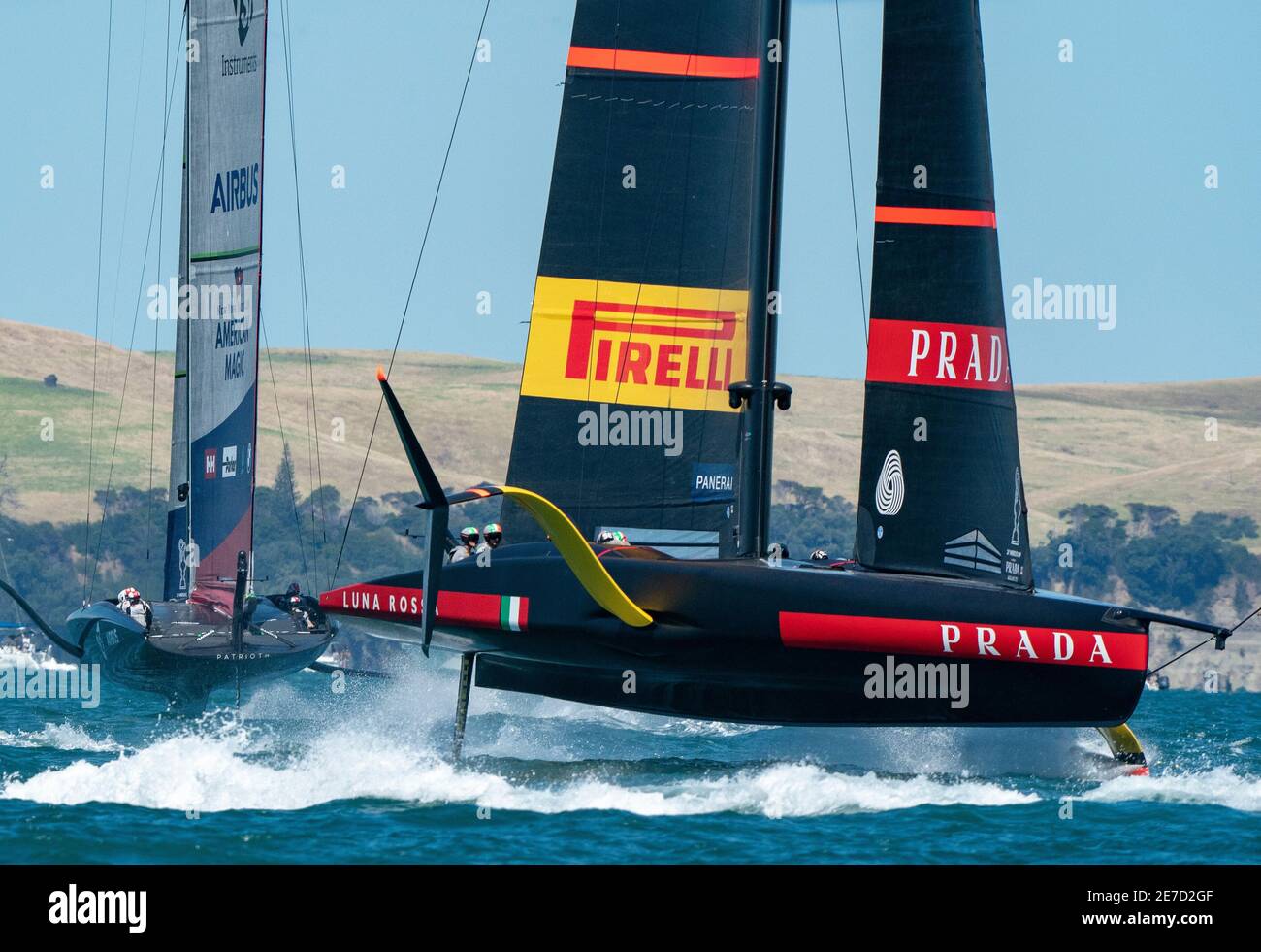 Auckland, New Zealand, 30 January, 2021 -  Italian team Luna Rossa Prada Pirelli skippered by Max Sirena and jointly helmed by Jimmy Spithill and Francesco Bruni, in action against New York Yacht Club American Magic team on Patriot, skippered by Terry Hutchinson and helmed by Dean Barker during the Prada Cup semi-finals on the Waitemata Harbour of Auckland. The Italian team won both both races today and progress to the Prada Cup finals, starting February 12, where they will meet INEOS Team UK's boat Britannia, skippered by Sir Ben Ainslie  Credit: Rob Taggart/Alamy Live News Stock Photo