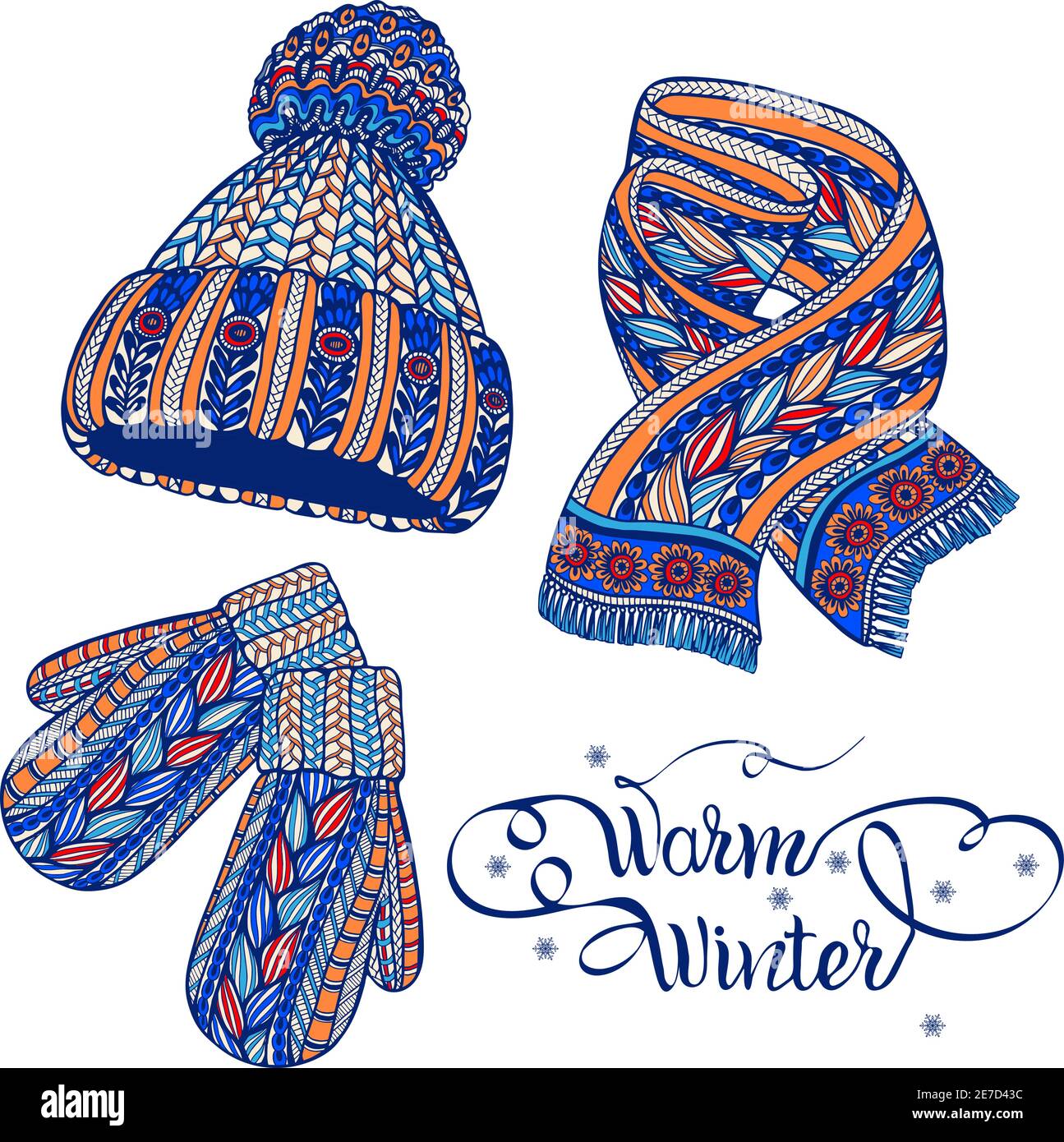 Winter warm knitted accessories pictograms of hat mittens and scarf colorful doodle style abstract vector isolated illustration Stock Vector