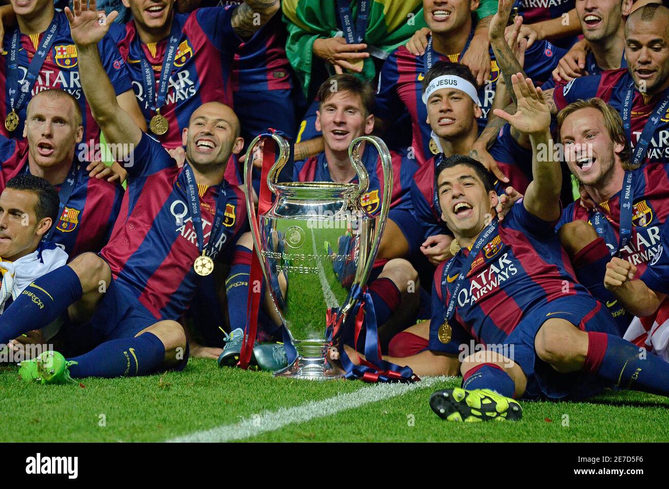 BERLIN, GERMANY - JUNE 6, 2015: Lionel Messi, Luis Suarez and Neymar  pictured during the award ceremony