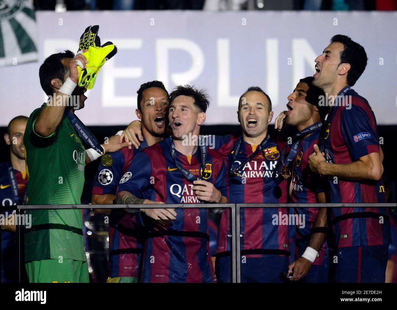 BERLIN, GERMANY - JUNE 6, 2015: Barceloan players pictured during the award ceremony held after the 2014/15 UEFA Champions League Final between Juventus Torino and FC Barcelona at Olympiastadion. Stock Photo