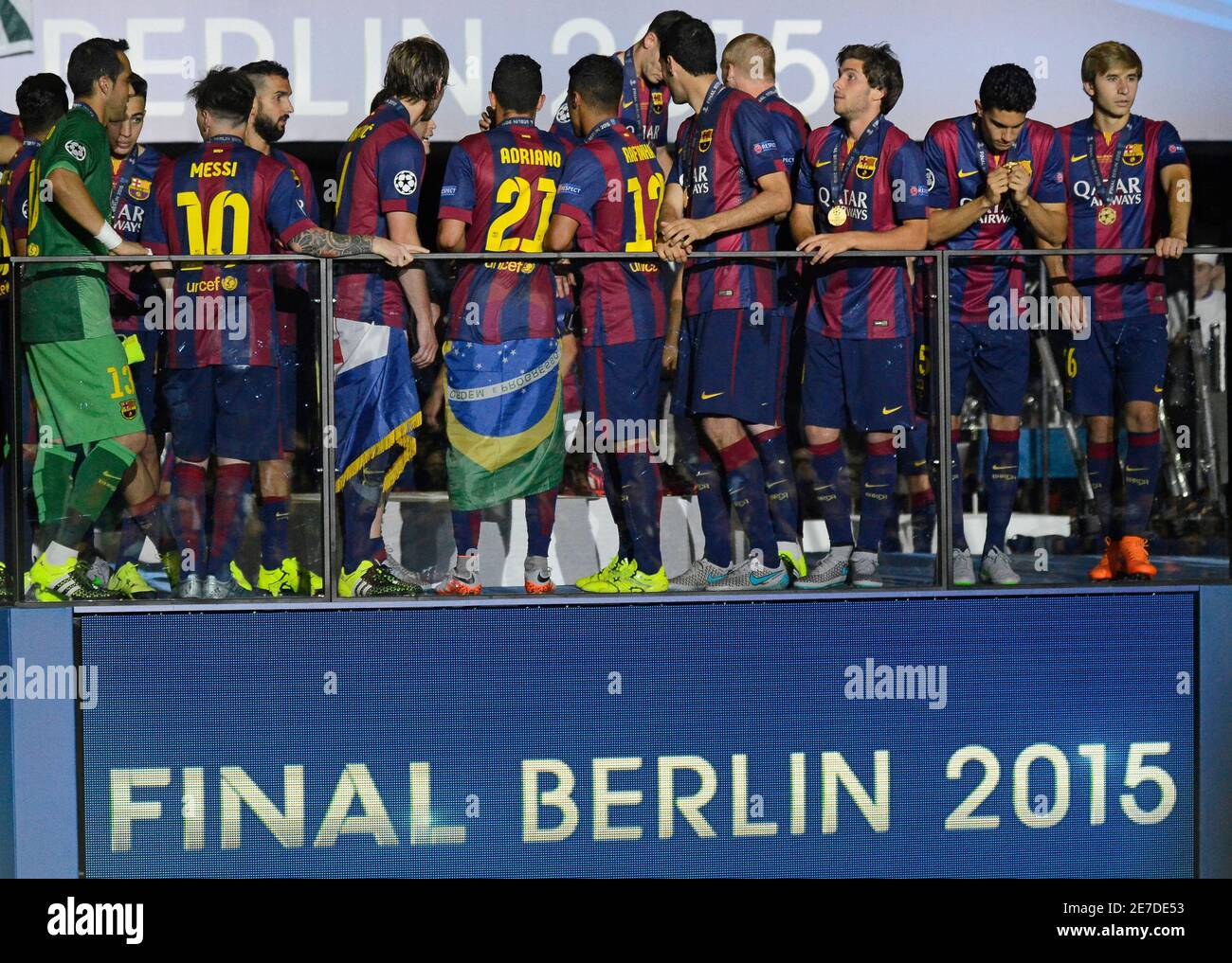 BERLIN, GERMANY - JUNE 6, 2015: Barceloan players pictured during the award ceremony held after the 2014/15 UEFA Champions League Final between Juventus Torino and FC Barcelona at Olympiastadion. Stock Photo