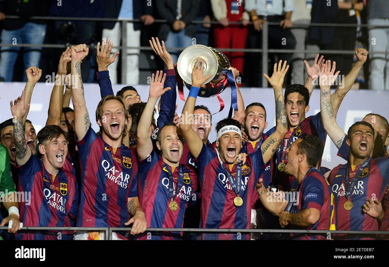 BERLIN, GERMANY - JUNE 6, 2015: Barcelona players pictured during the award  ceremony held after the 2014/15 UEFA Champions League Final between  Juventus Torino and FC Barcelona at Olympiastadion Stock Photo - Alamy