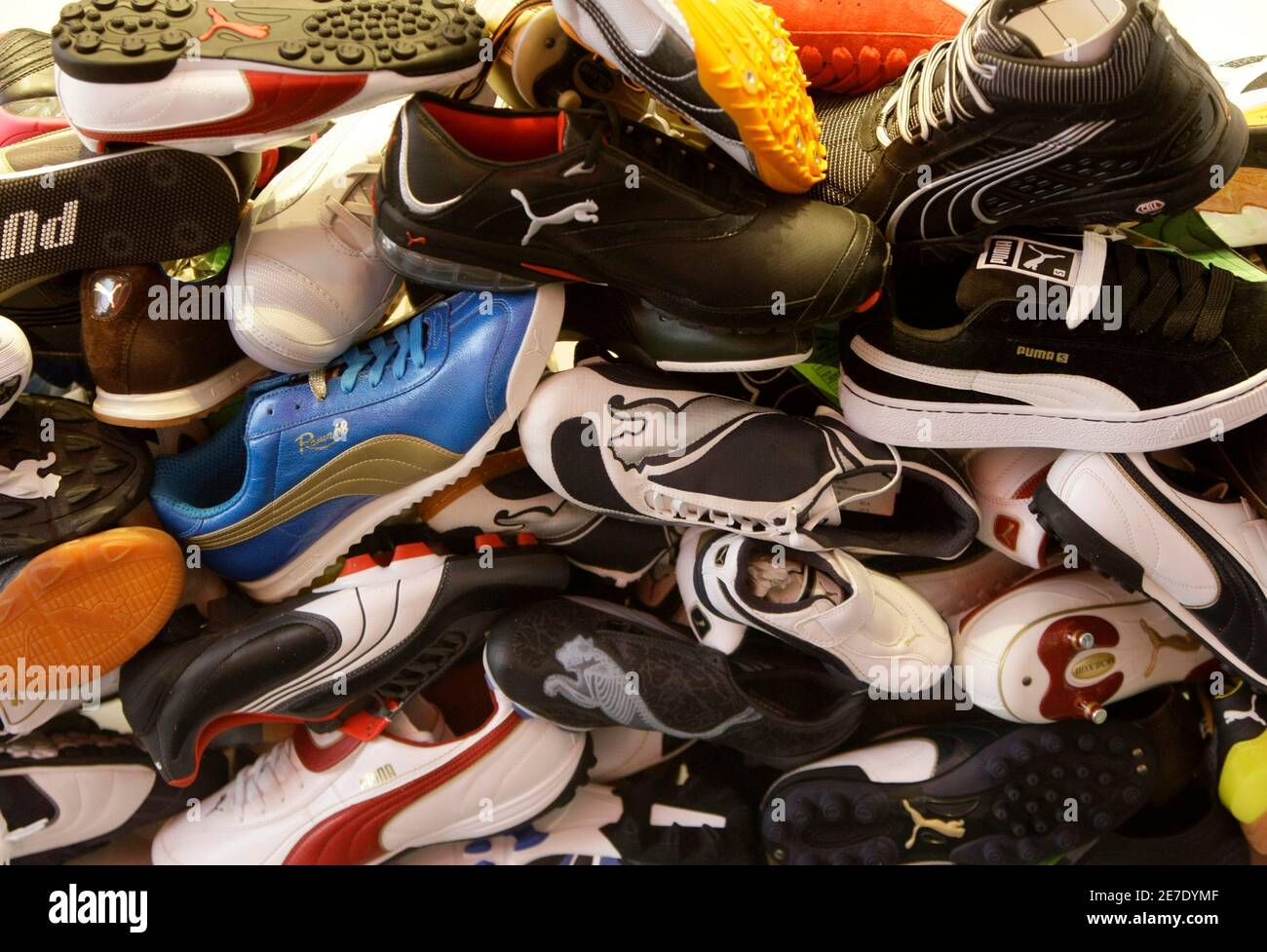 Puma shoes are seen as decoration in the entrance hall of German sports  goods firm Puma before the annual shareholders' meeting in Herzogenaurach  April 20, 2010. Puma, the world's third largest sporting