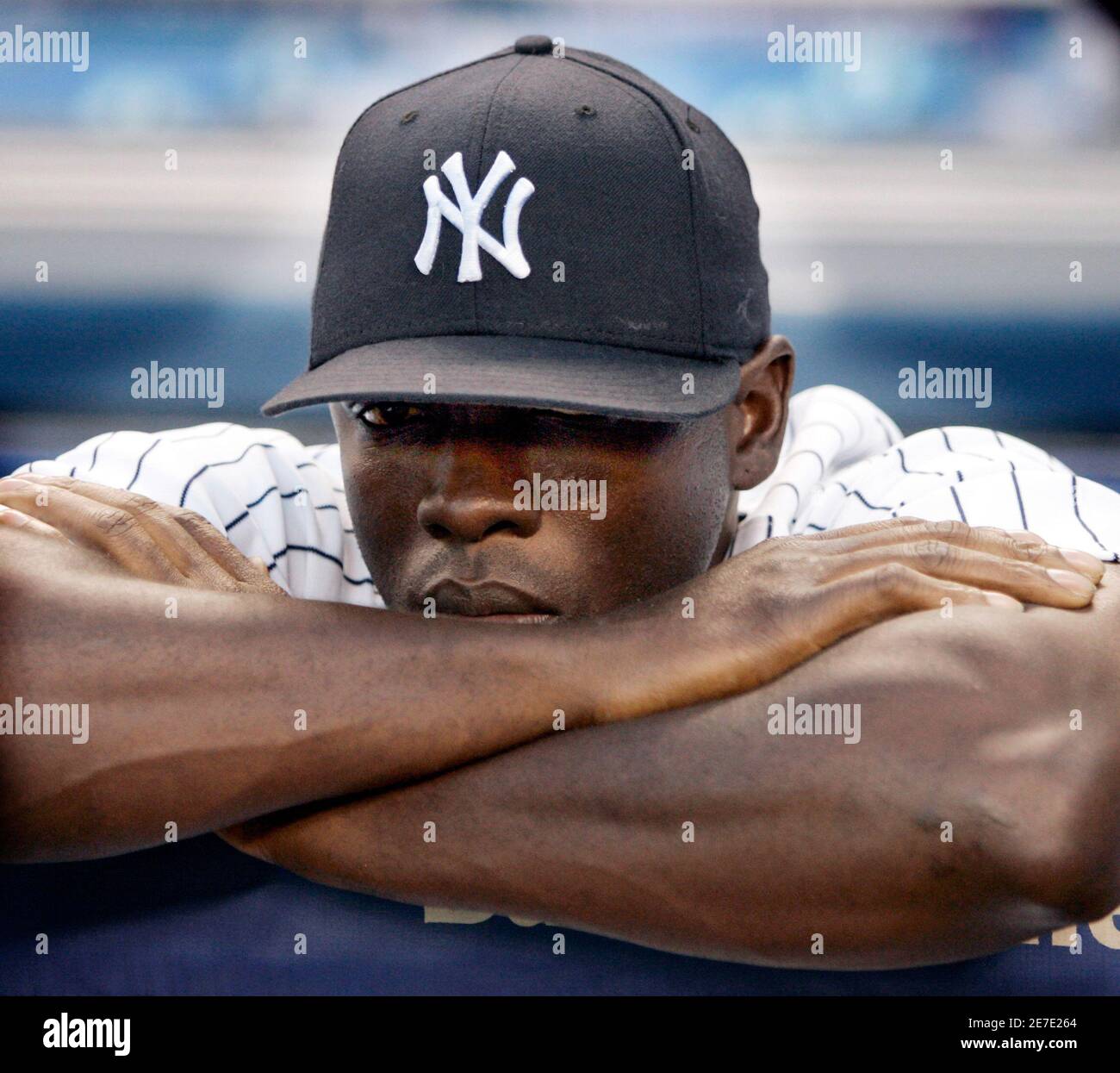 York Yankees player Matt Lawton leans 