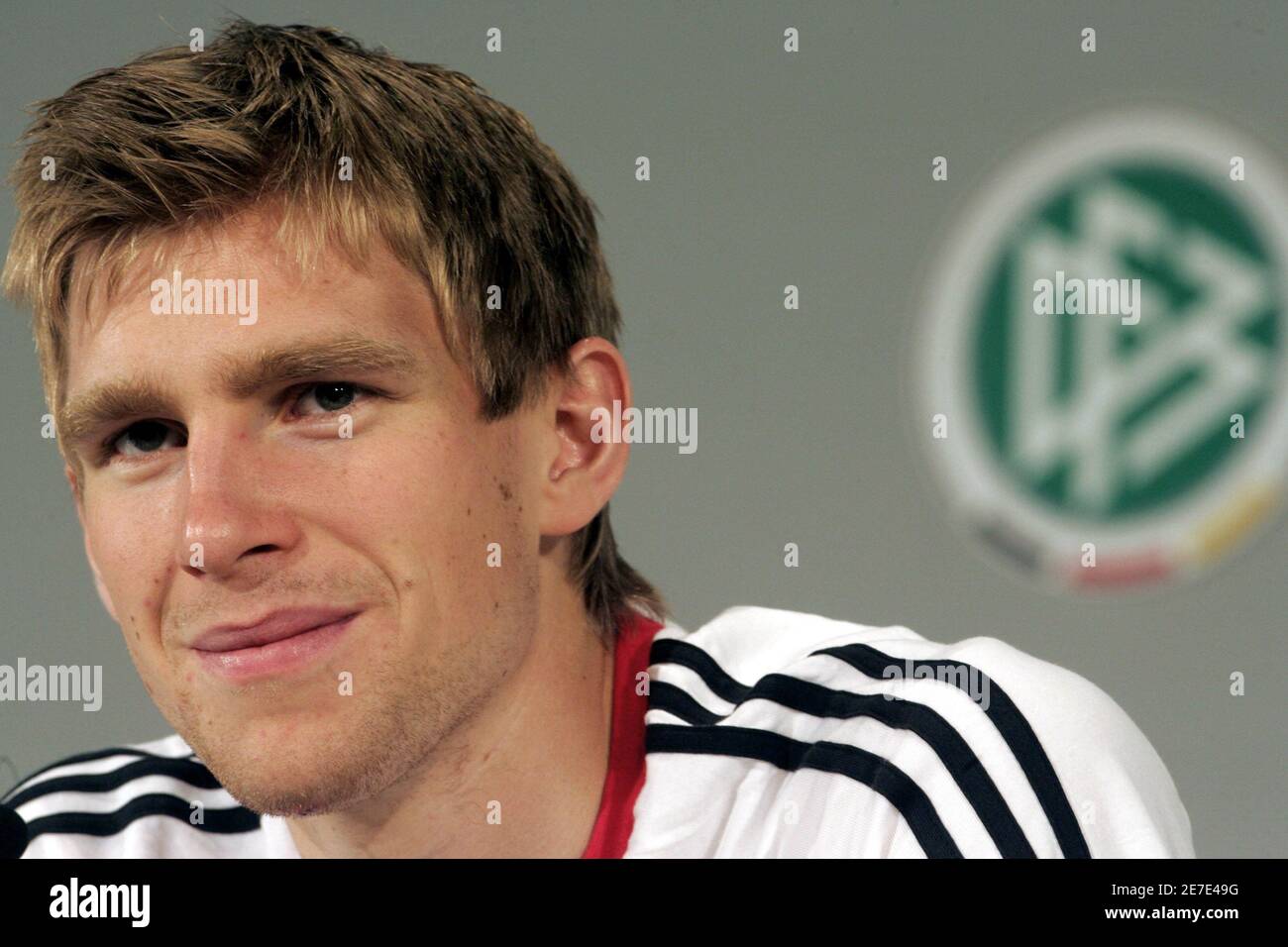 German player Per Mertesacker addresses a news conference in Berlin June 15, 2006. [The German national team won a Group A match of the soccer World Cup against Poland on Wednesday in Dortmund 1-0.] Stock Photo