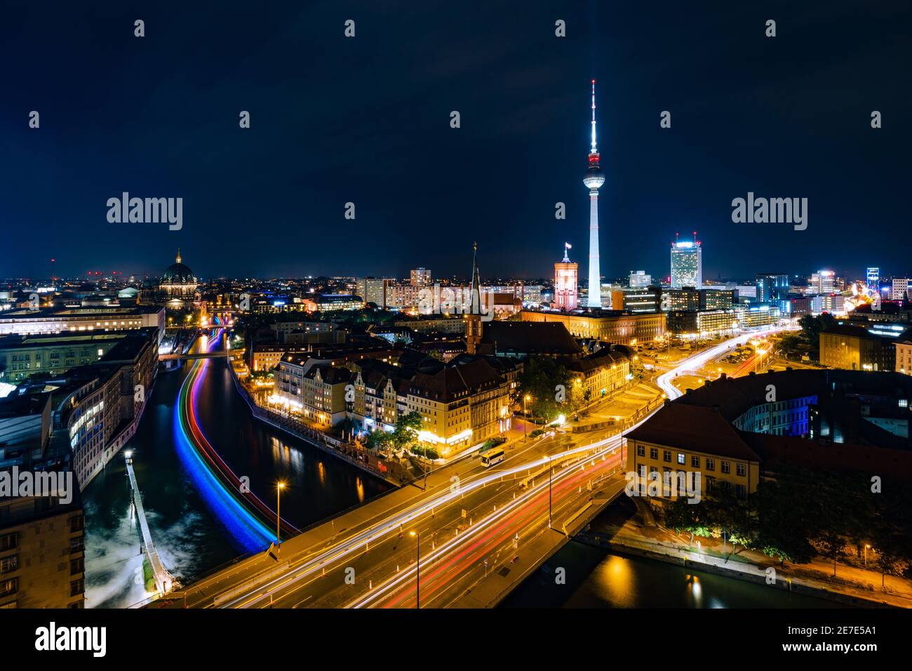 Berlin cityscape and Spree River at night, Germany. Stock Photo