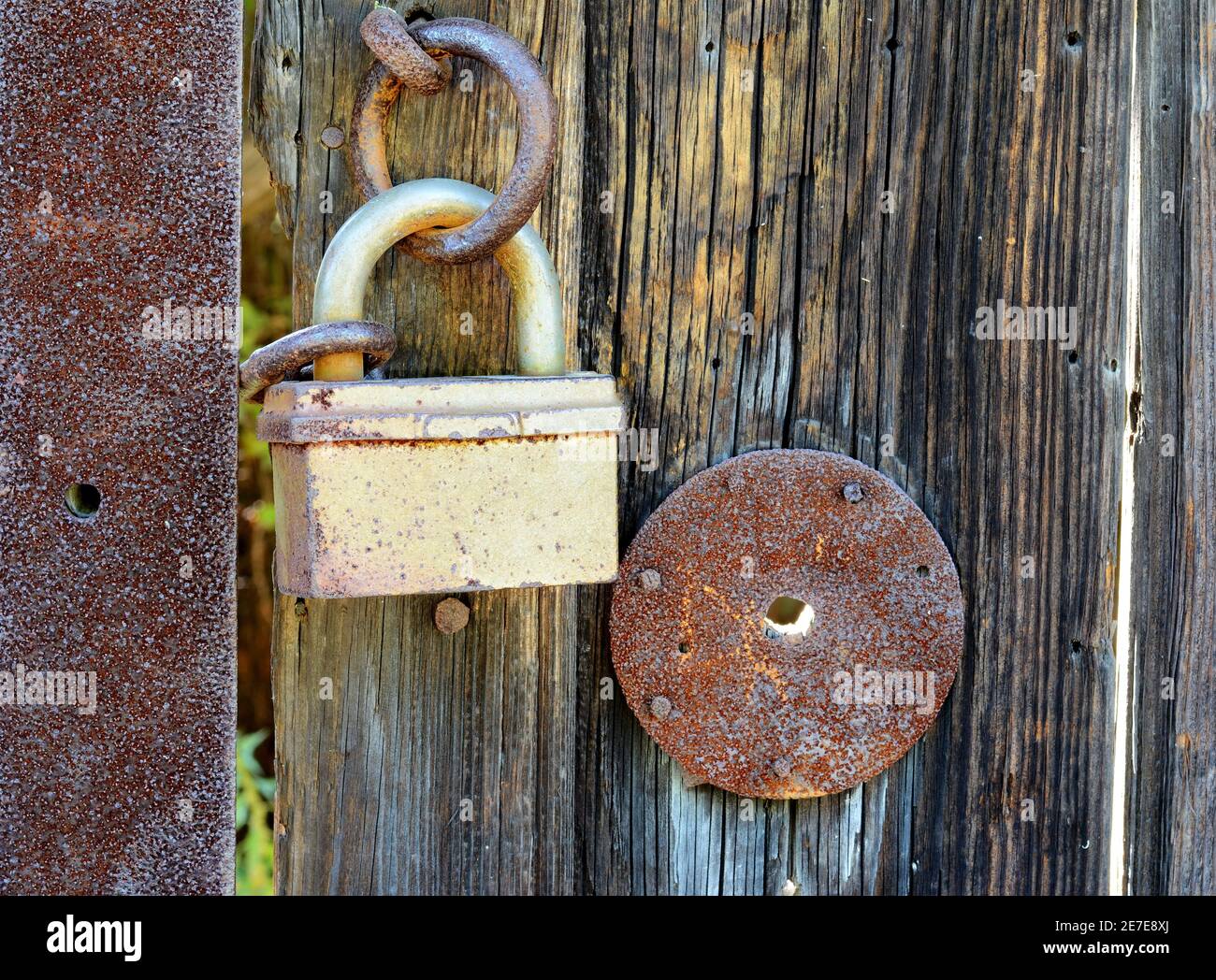 Old wooden door closed on the rusty lock Stock Photo - Alamy