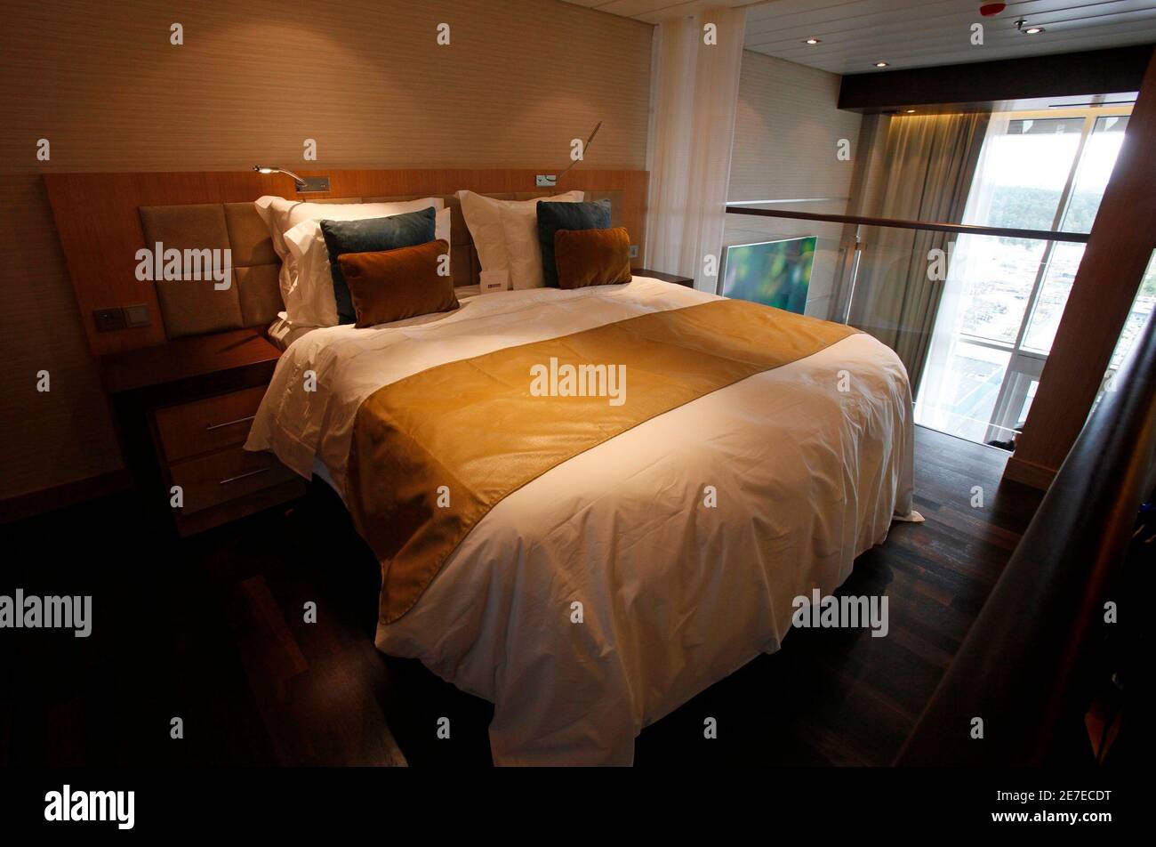 The bedroom of a loft suite is seen aboard the Royal Caribbean's Oasis of the Seas cruise ship which is under construction at the STX Europe shipyard in Turku August 27, 2009. The 225,000-ton ship will be the largest cruise vessel ever built and will be able to accommodate over 6,000 passengers. REUTERS/Bob Strong  (FINLAND SOCIETY TRAVEL) Stock Photo