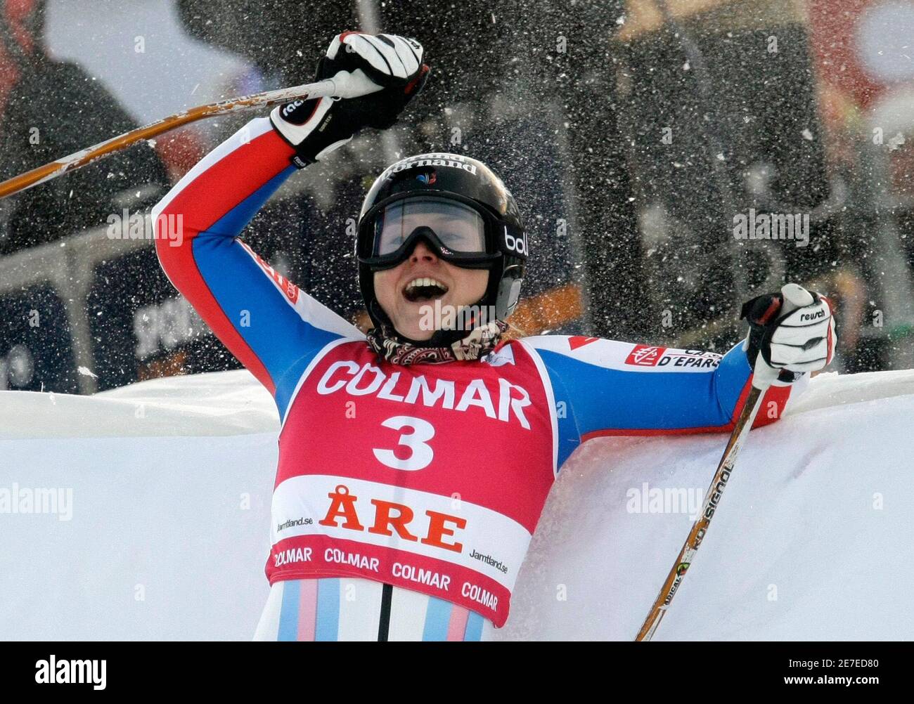 Tessa Worley of France celebrates after winning the women's giant slalom  World Cup race in the Swedish ski resort of Are December 12, 2009.  REUTERS/Leonhard Foeger (SWEDEN - Tags: SPORT SKIING Stock