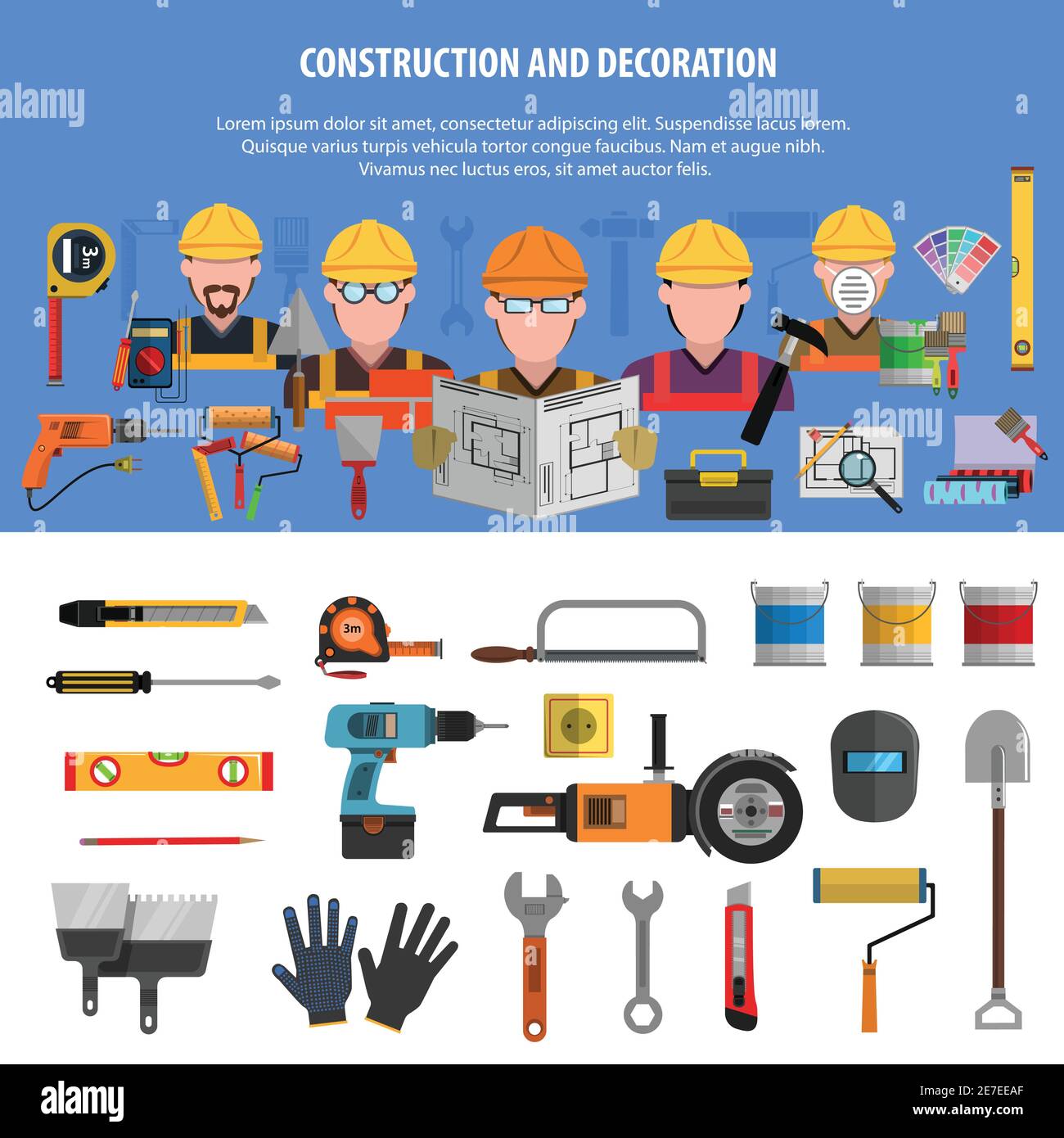 Worker horizontal banner set with construction and decoration elements isolated vector illustration Stock Vector