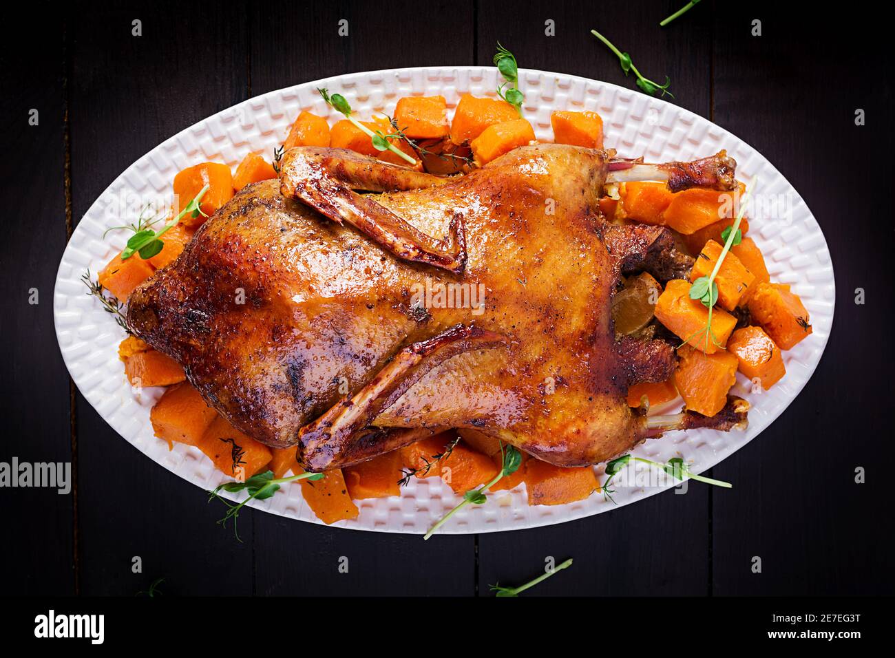 Homemade baked duck. Crispy whole roast duck. Thanksgiving or Christmas