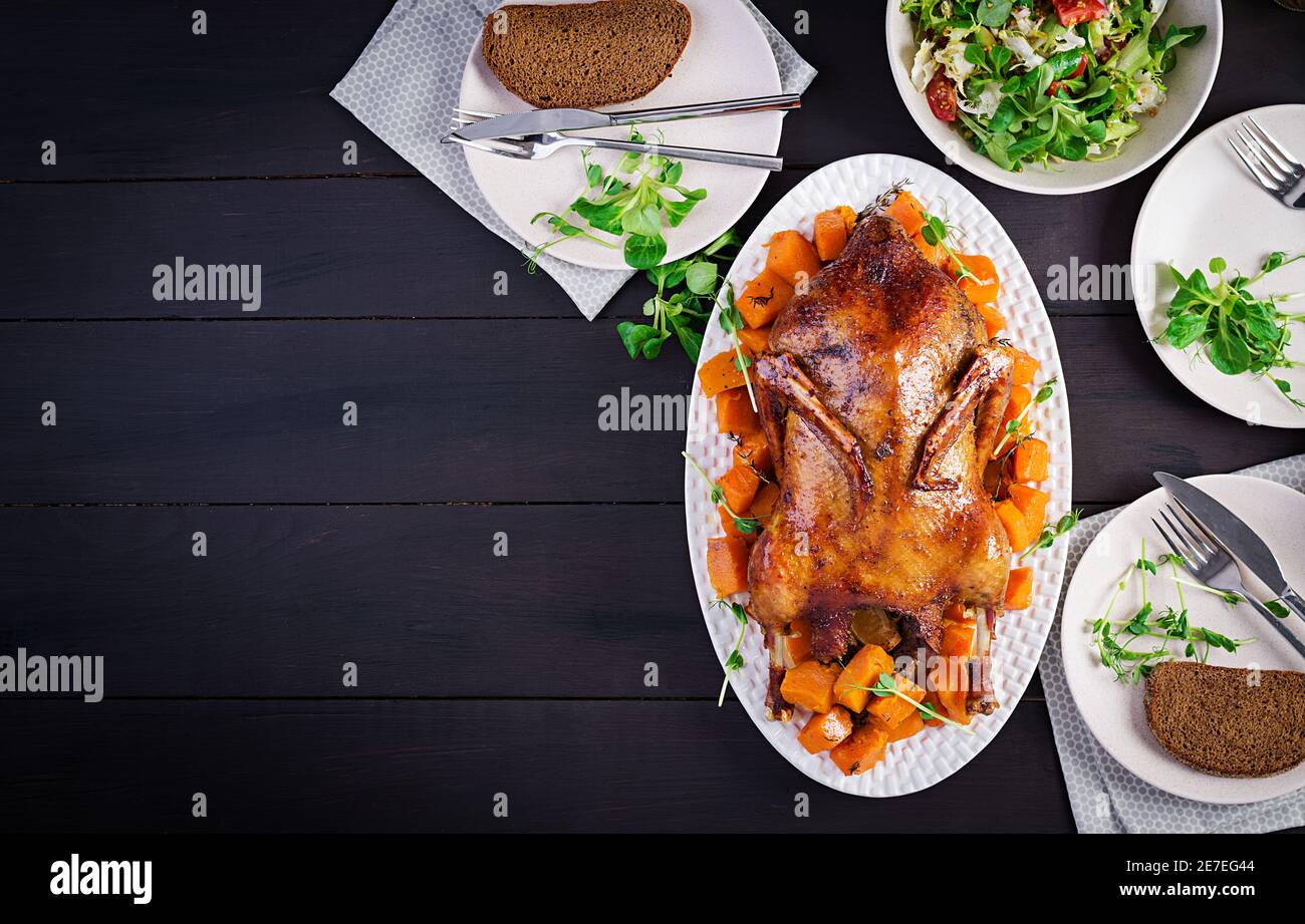 Homemade baked duck. Crispy whole roast duck. Thanksgiving or Christmas
