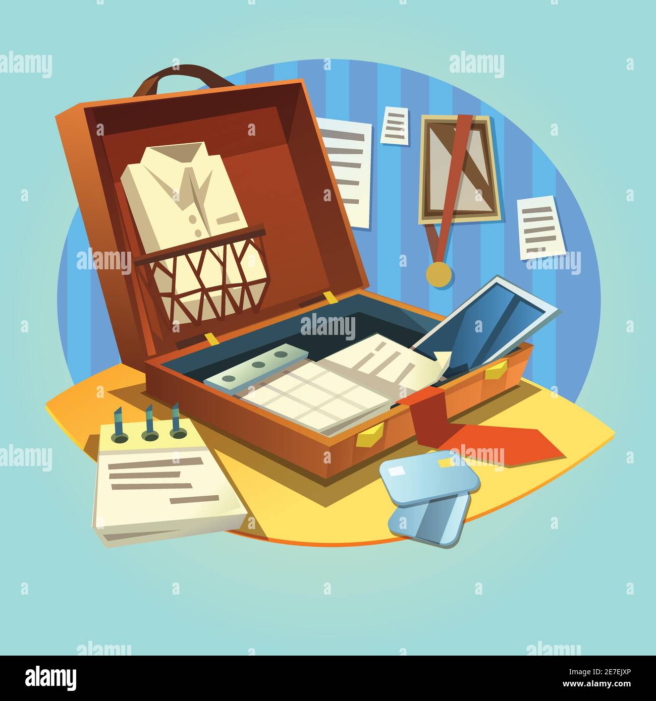 Open business briefcase with retro cartoon businessman suit and working