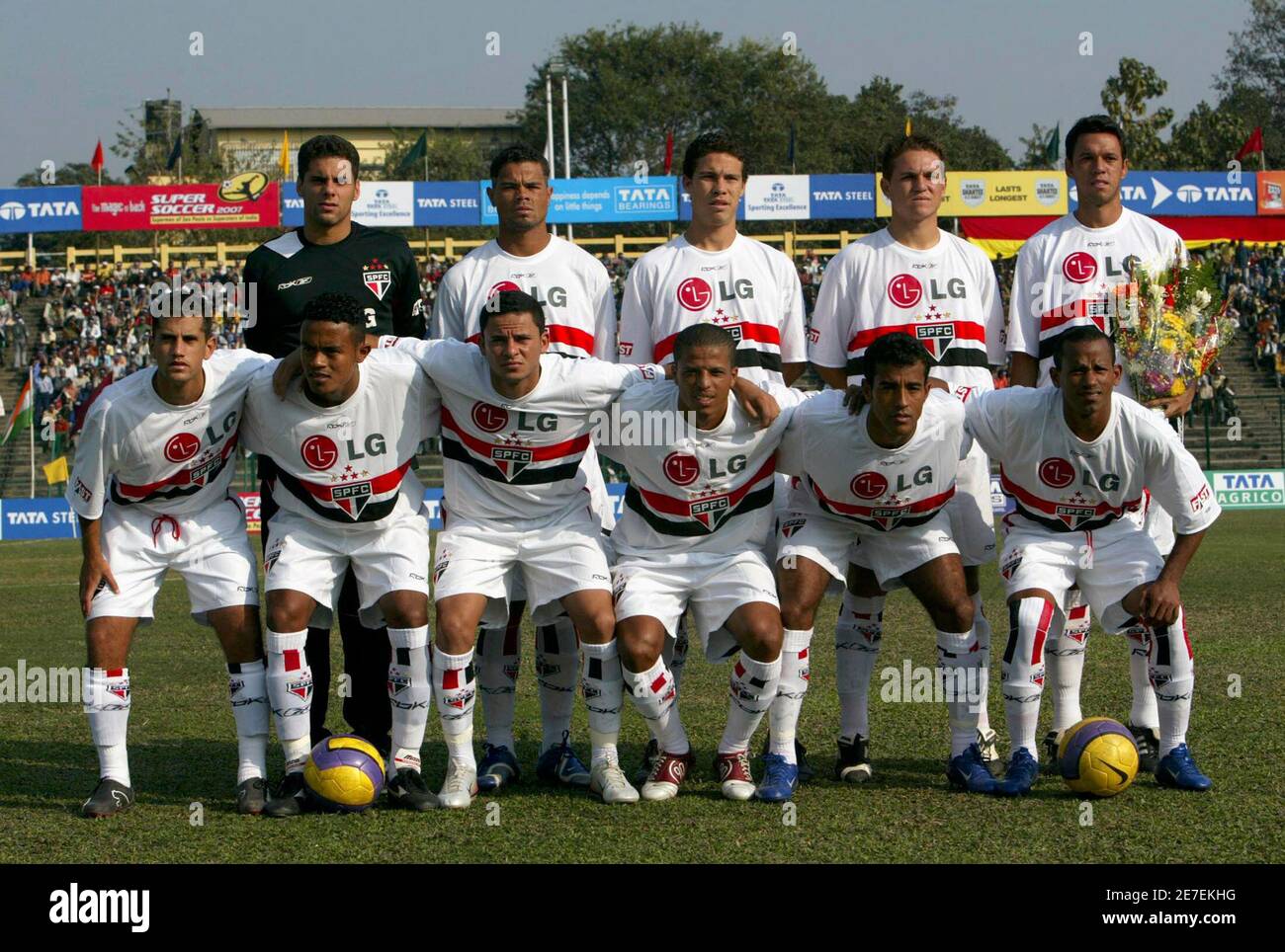 Players of the Brazilian soccer team from Sao Paulo club pose for a picture  after their match with the Indian soccer team from East Bengal in Siliguri  January 27, 2007. Sao Paulo