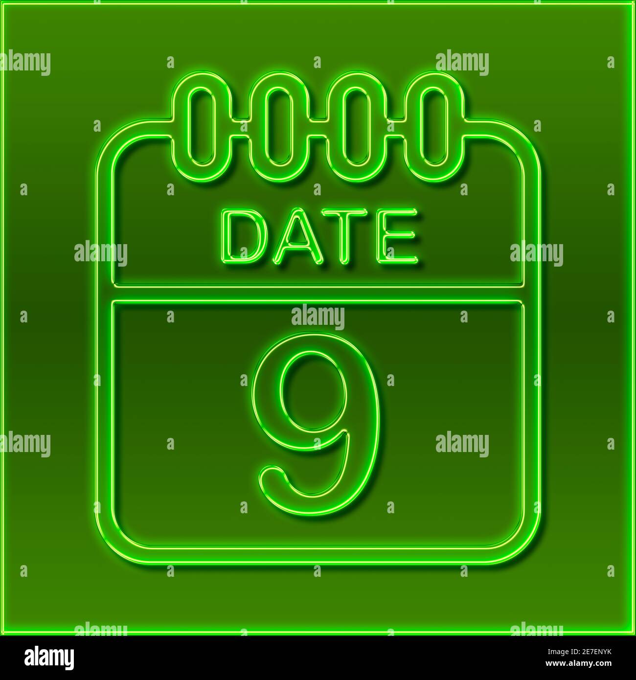 A calendar in the design of a green neon sign shows the date 9 Stock Photo