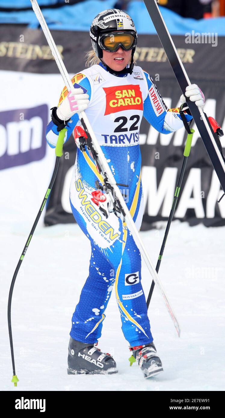 Anja Person of Sweden leaves the finish area after her race during the Alpine Skiing World Cup ladies' downhill in the northern Italian ski resort of Tarvisio February 21, 2009.  REUTERS/Alessandro Bianchi  (ITALY) Stock Photo