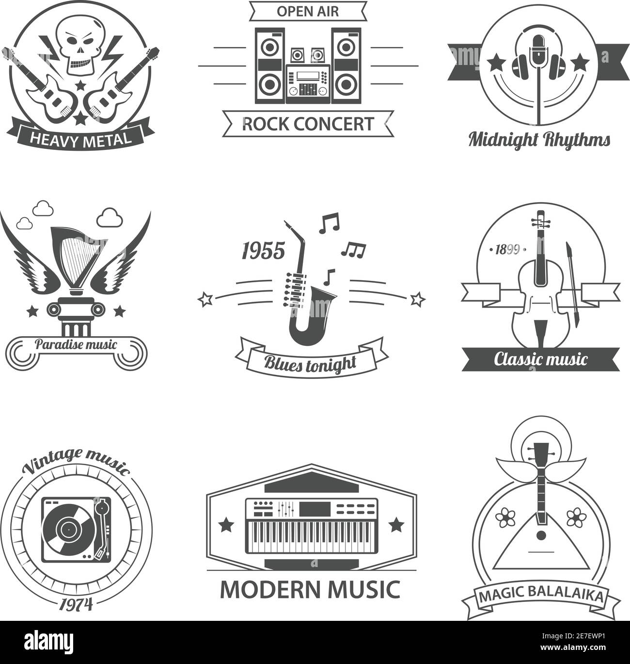 Black and white music styles labels with classic rock metal blues balalaika isolated vector illustration Stock Vector