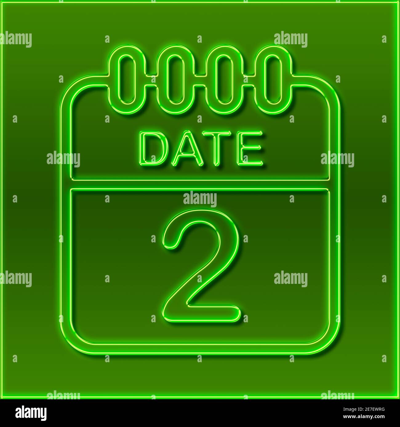A calendar in the design of a green neon sign shows the date 2 Stock ...