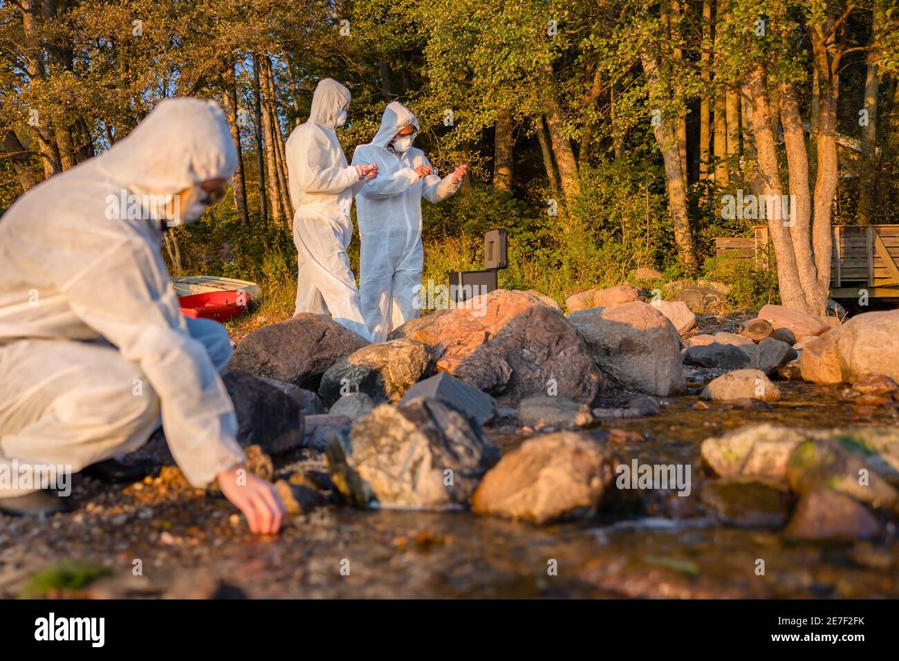 Team of researchers analyzing water sample at seashore Stock Photo