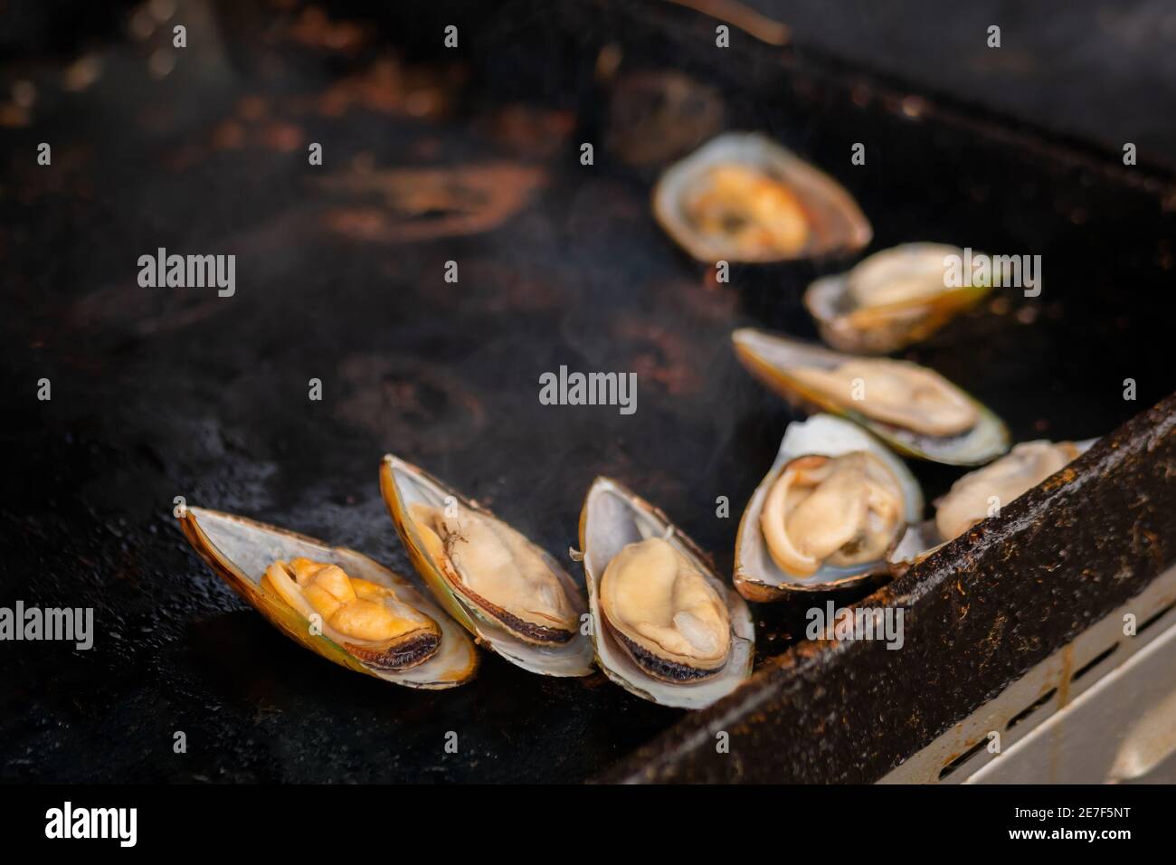 Close up process of cooking mussels, clams on grill seafood concept